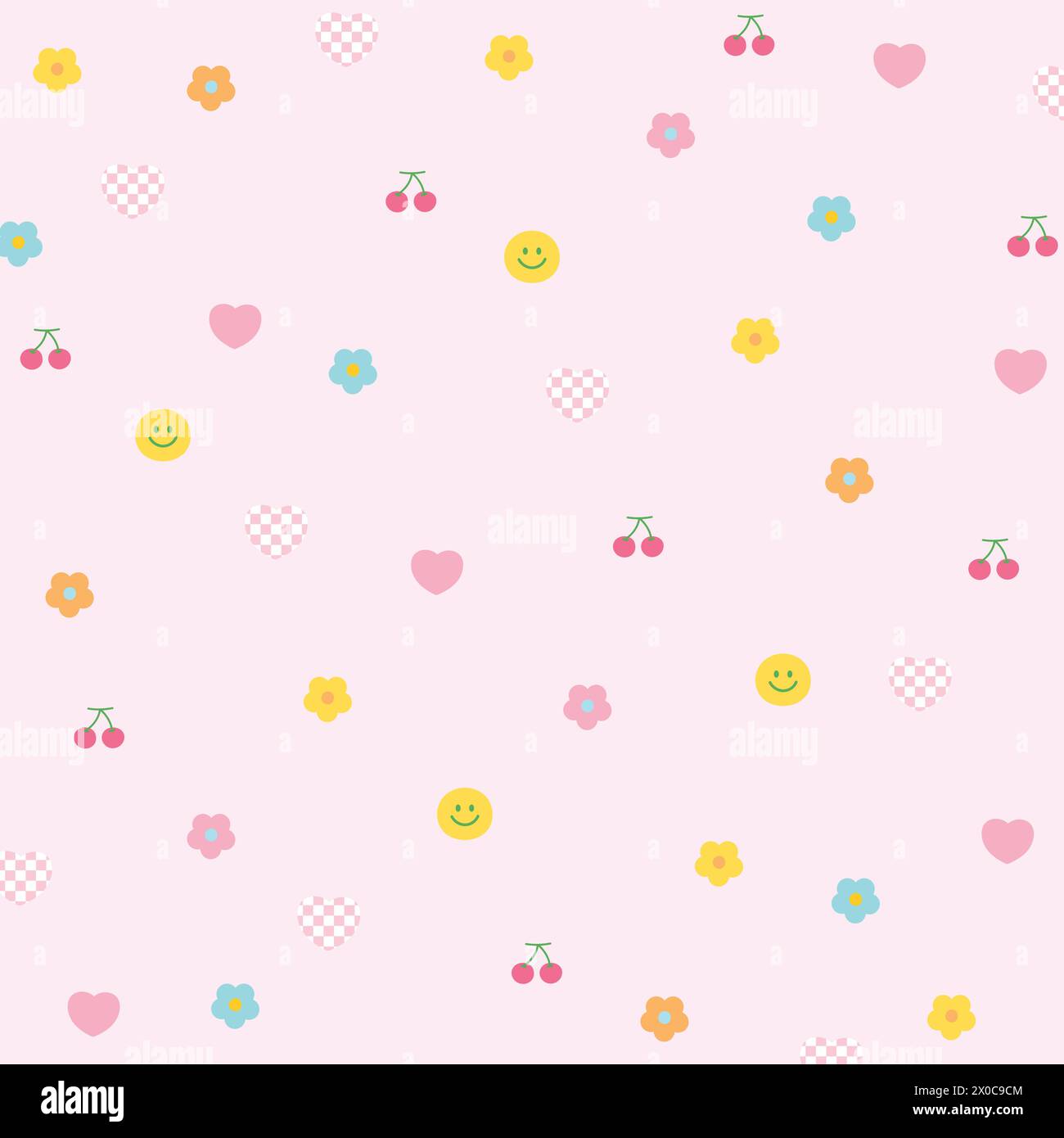 Graziosa illustrazione di piccoli fiori, ciliegio, cuore, faccia felice su sfondo rosa per la primavera, l'estate, picnic, giardino, tessuto, stampa floreale, motivo Illustrazione Vettoriale