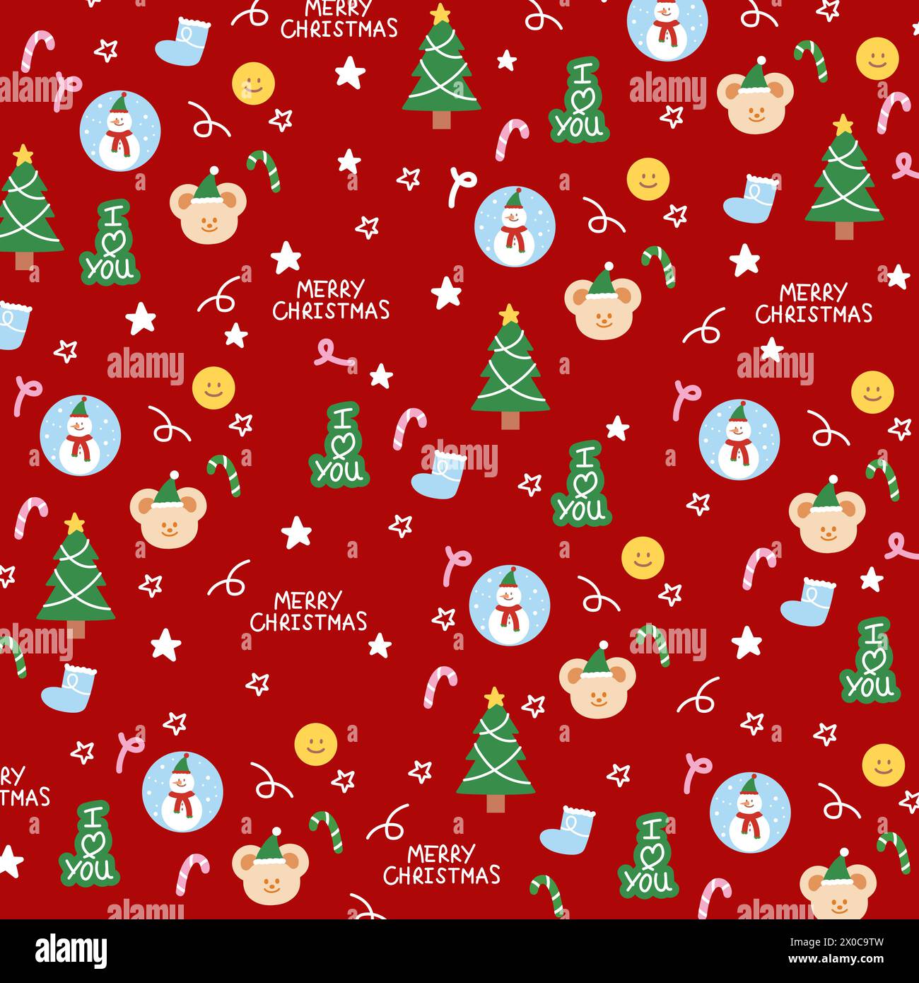 Illustrazione natalizia di pupazzo di neve, orsacchiotto, canna da zucchero, lettere DI BUON NATALE su sfondo rosso per cartolina, carta da parati, stampa in tessuto, motivo Illustrazione Vettoriale