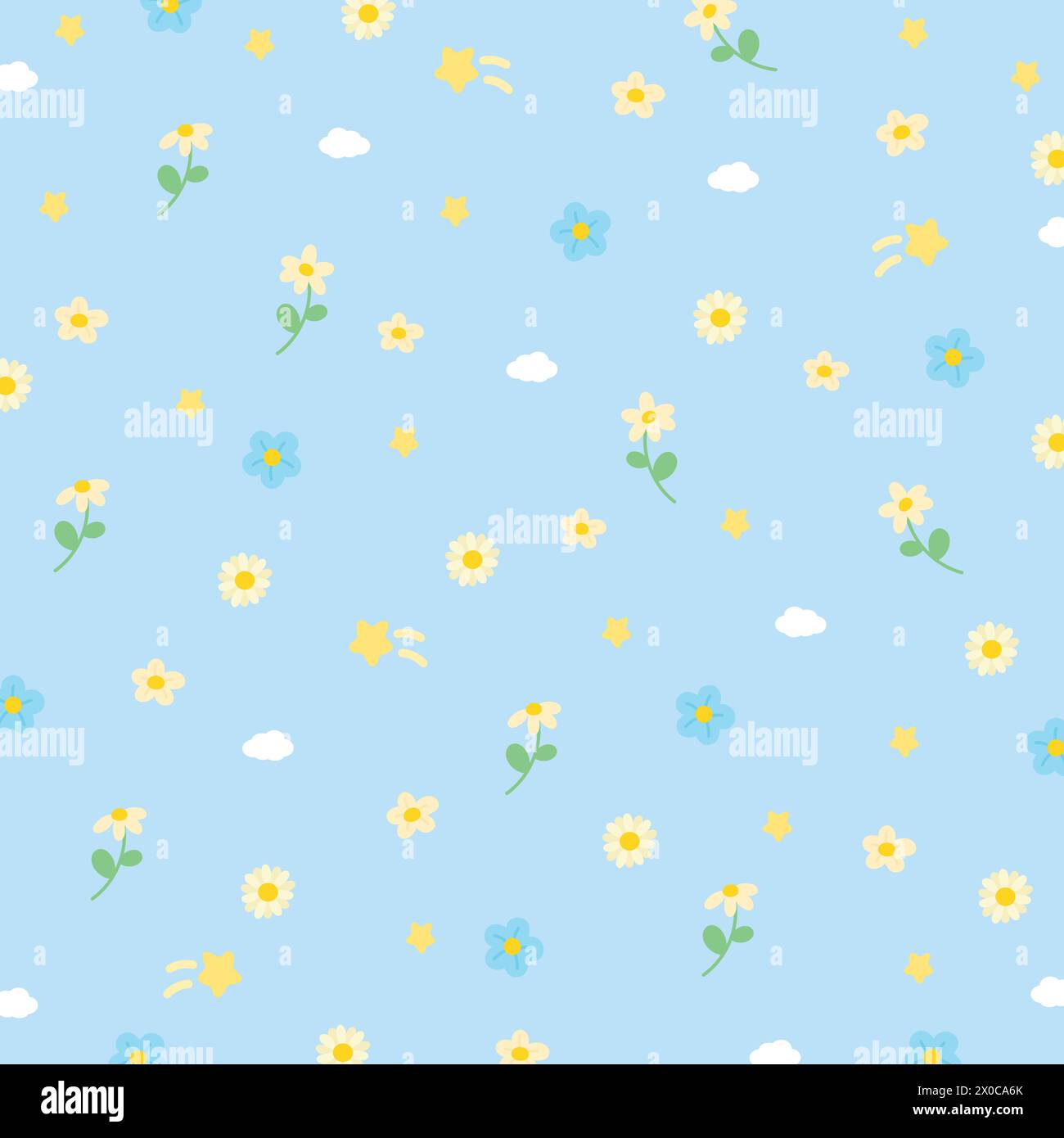 Illustrazione vettoriale di piccoli fiori e nuvole su sfondo blu pastello per carta da parati floreale, primavera, estate, stampa di tessuti, motivo, sfondo Illustrazione Vettoriale