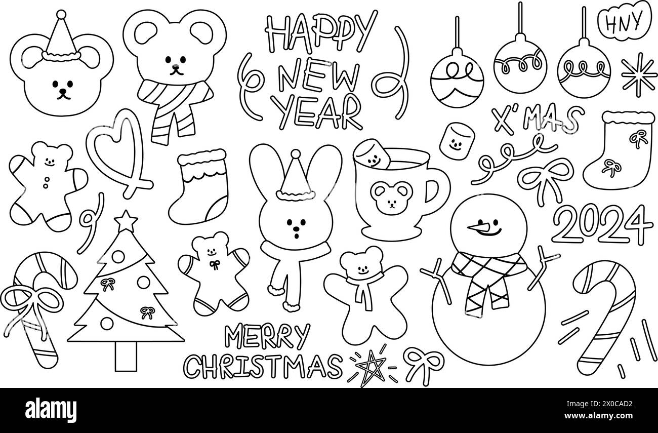 Natale e Capodanno contorni di orsacchiotto, coniglietto, canna da zucchero, pupazzo di neve, albero, leggero, calzini, zenzero, bevanda calda al marshmallow Illustrazione Vettoriale