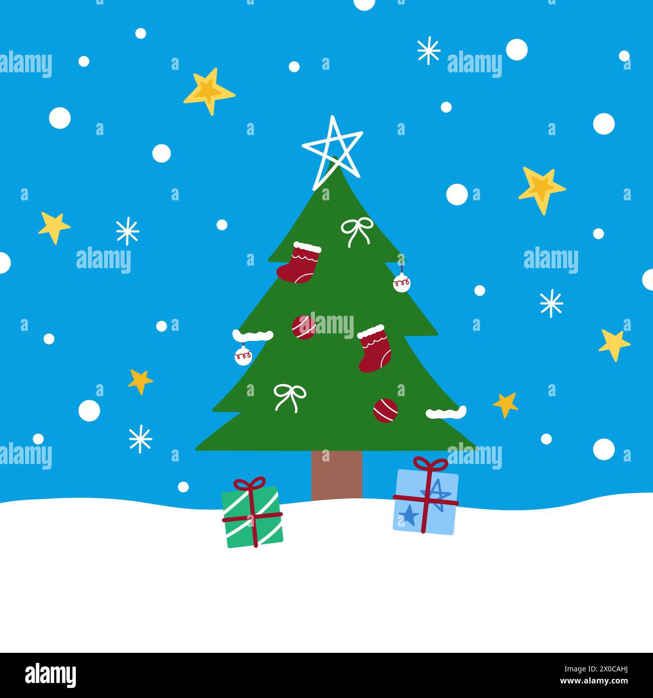 Illustrazioni di Natale e Capodanno di albero di Natale, neve, fiocco di neve, confezione regalo, calze, stella su sfondo blu pastello per carta da parati Illustrazione Vettoriale
