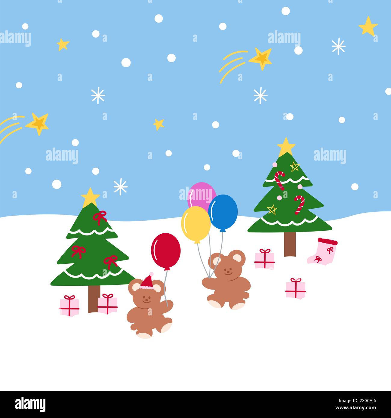Illustrazioni di Natale e Capodanno di orsacchiotto, albero di Natale, neve, fiocco di neve, palloncini, confezione regalo su sfondo blu pastello per carta da parati e carta da parati Illustrazione Vettoriale