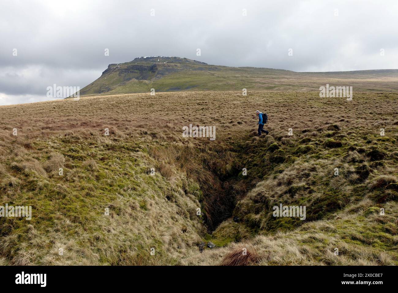 Man (escursionista) Walking by Pot Hole vicino a Tatham Wife Moss sotto Ingleborough Mountain nel Yorkshire Dales National Park, Inghilterra, Regno Unito. Foto Stock