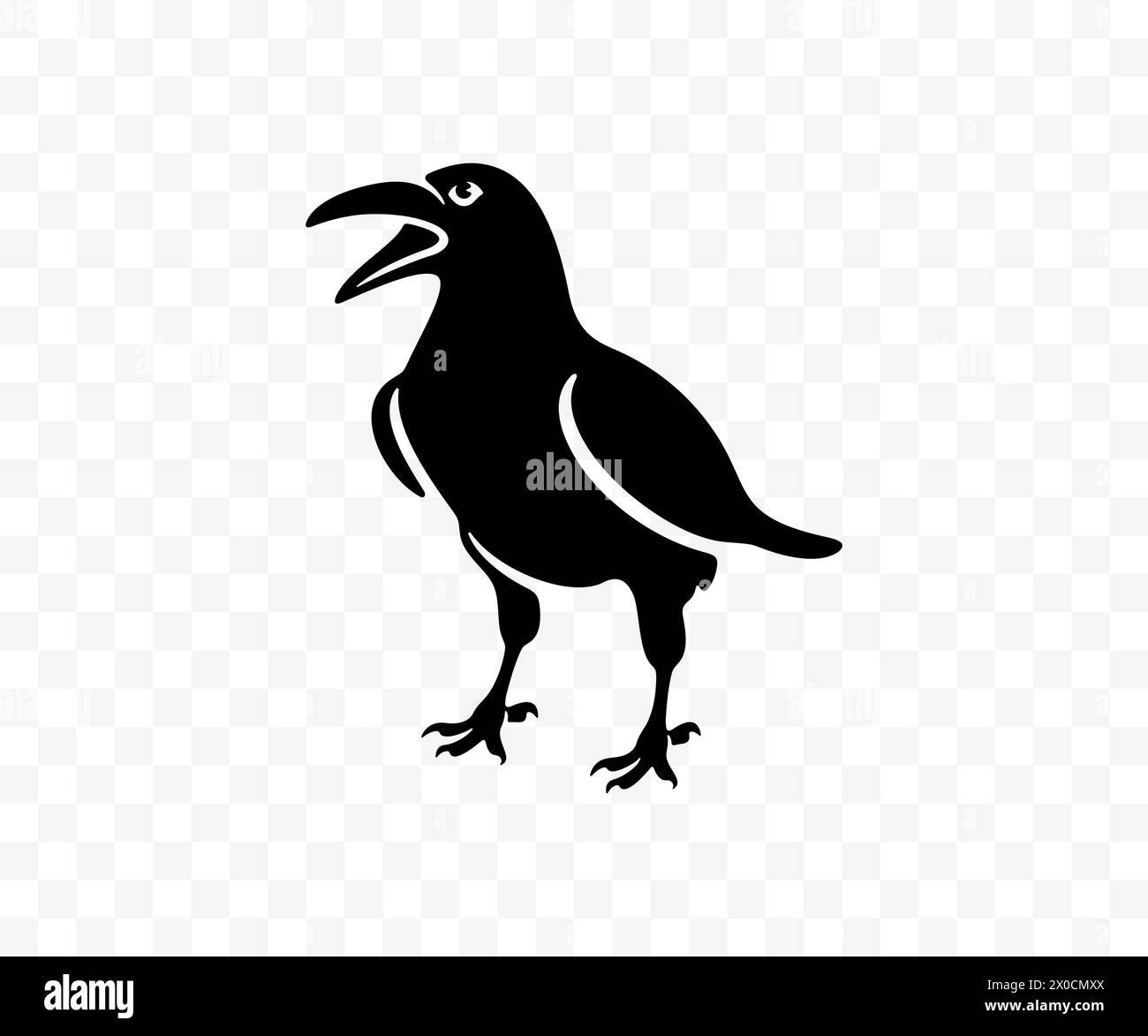 Nero corvo è a terra, design grafico. Corvo, uccello, animale, natura e fauna selvatica, disegno vettoriale e illustrazione Illustrazione Vettoriale