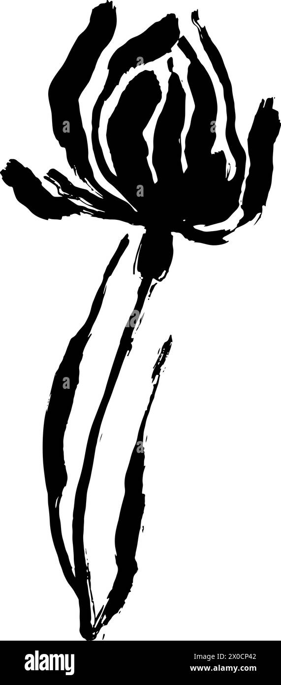Dry Bruch Grunge Poppy Flower silhouette Illustrazione Vettoriale