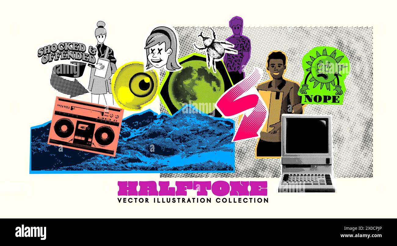 Set di oggetti, tra cui la raccolta di risorse di mezzitoni per persone e tecnologia. Pop art vettoriale. Illustrazione Vettoriale