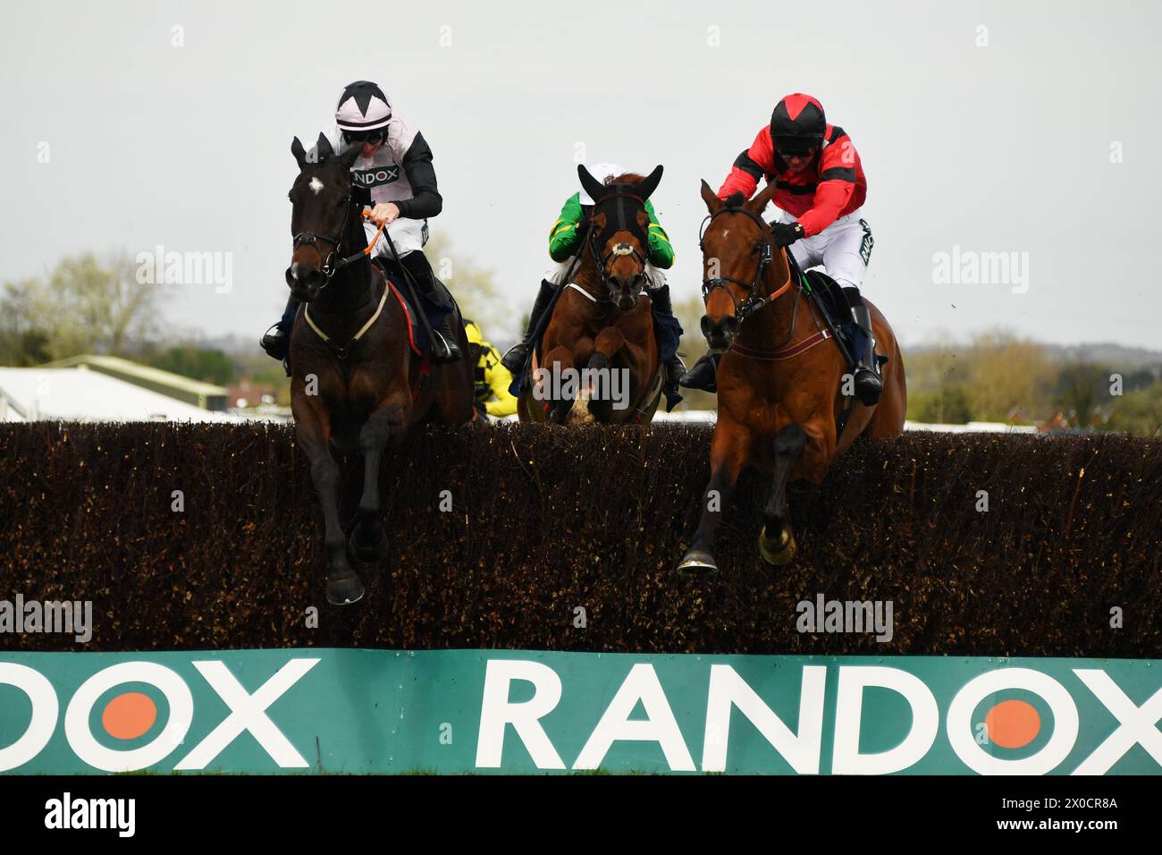 Liverpool, Regno Unito, 11 aprile 2024. Gerri Colombe (cappello rosa e nero), guidato da Jack Kennedy salta l'ultima recinzione insieme ad Ahoy Senor, guidato da Derek Fox, prima di vincere il William Hill Bowl Steeple Chase 14,55. REGNO UNITO. Foto: Paul Blake/Alamy Sports News Foto Stock