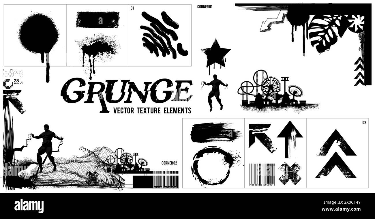 Una collezione di cornici con bordi grunge ed elementi sfusi per il design. Illustrazione vettoriale Illustrazione Vettoriale