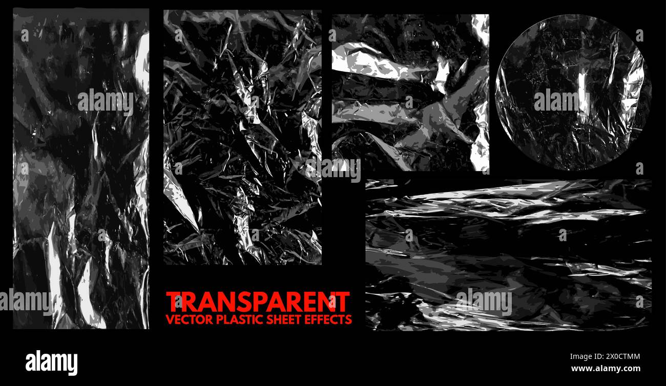 Una raccolta di imballaggi in plastica, fogli trasparenti, effetti involucro in cellophane. Illustrazione vettoriale. Illustrazione Vettoriale