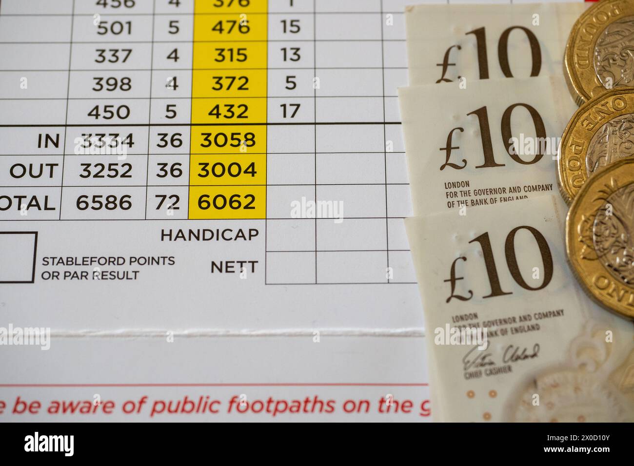 Banconote da dieci libbre e monete da una libbre giacciono sopra una scorecard da golf. Foto Stock