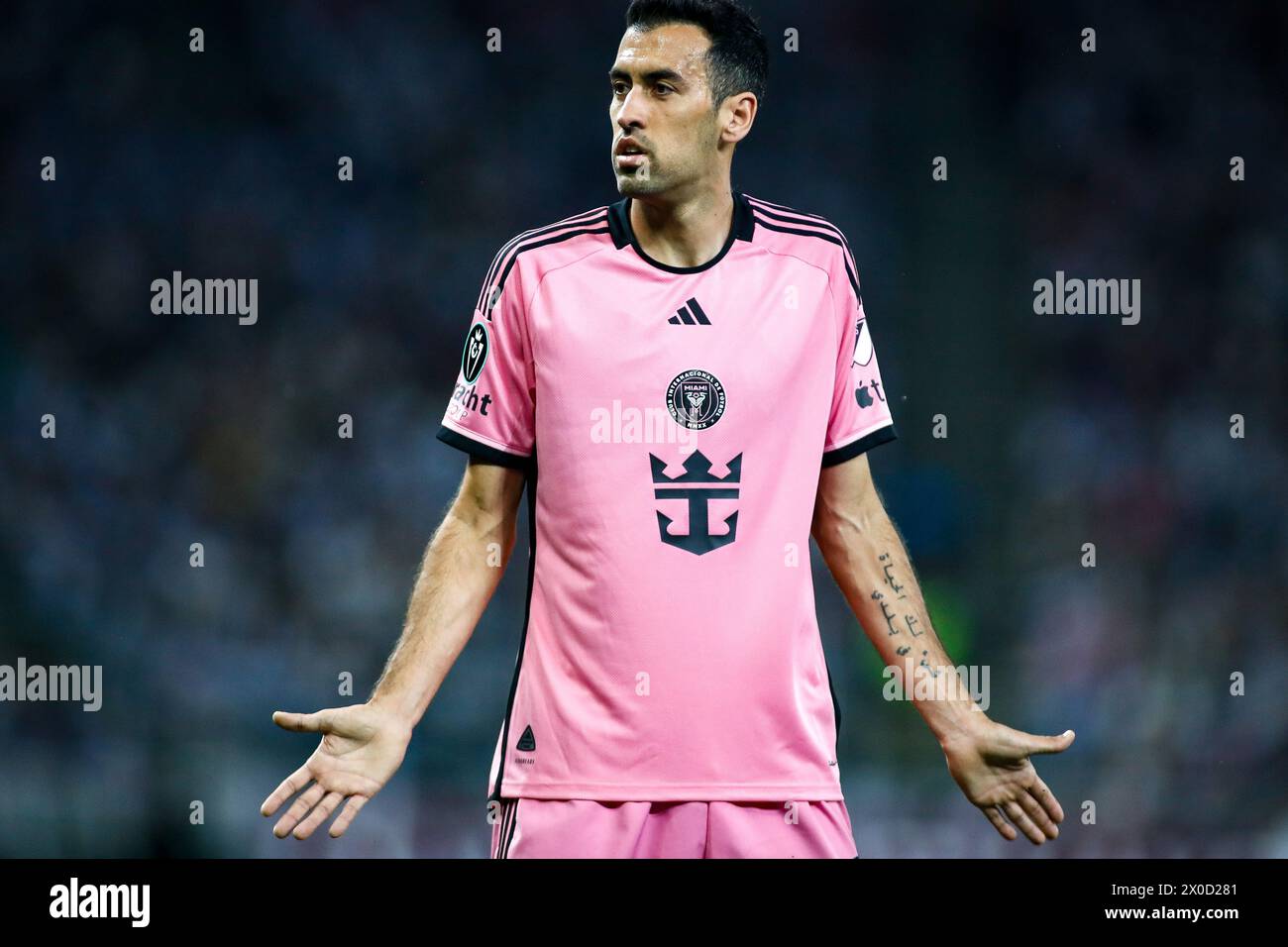 Guadalupe, Messico. 10 aprile 2024. GUADALUPE, MESSICO - 10 APRILE: Il quinto centrocampista Inter Miami, Sergio Busquets reagiscono durante la partita tra il CF Monterrey e l'Inter Miami come parte dei quarti di finale della seconda tappa della CONCACAF Champions Cup allo stadio BBVA il 10 aprile 2024 a Guadalupe, Messico. (Foto di Toby Tande/PxImages) credito: PX Images/Alamy Live News Foto Stock