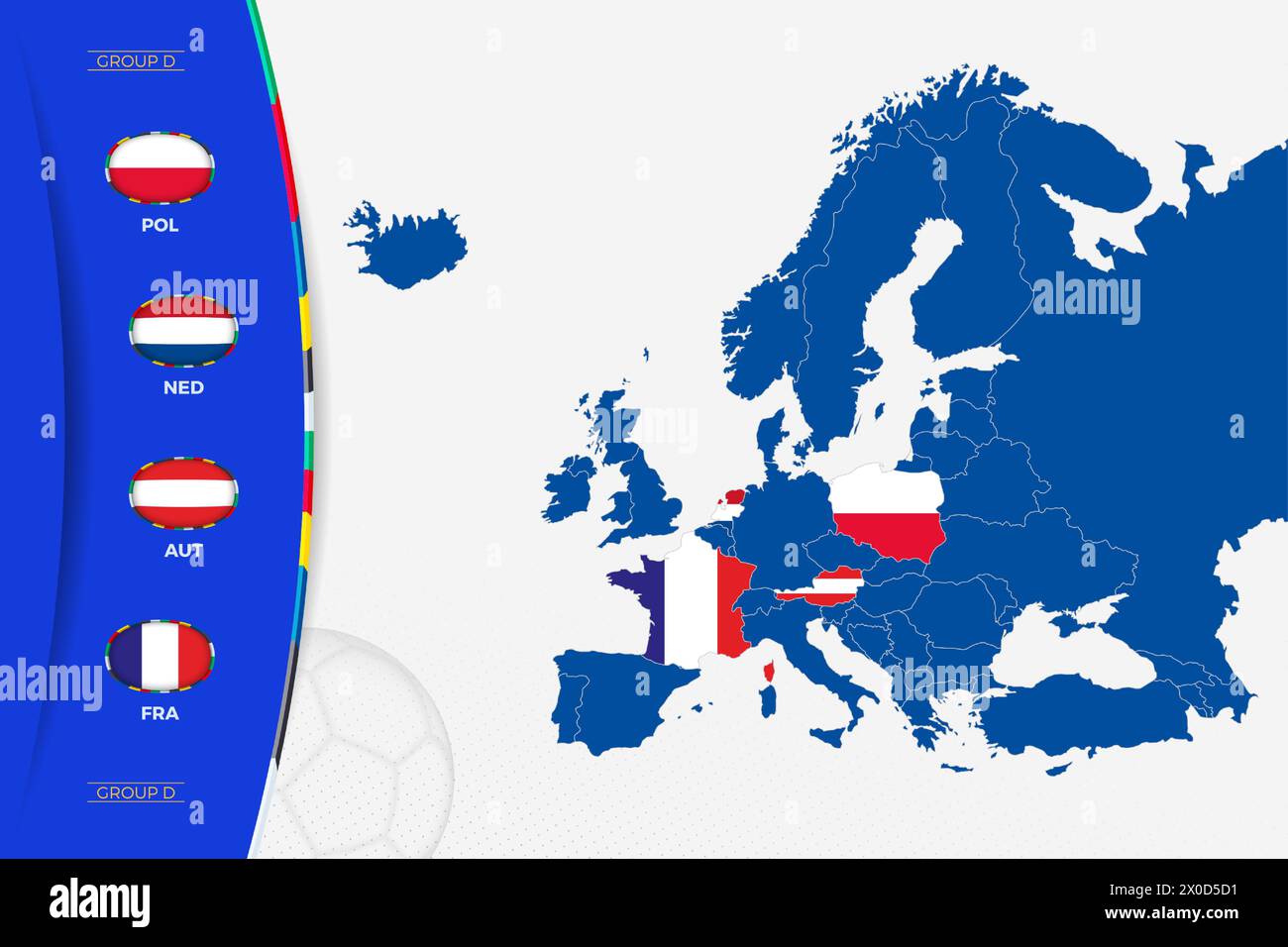 Mappa dell'Europa con mappe marcate dei paesi che partecipano al gruppo D del torneo europeo di calcio 2024. Icona delle bandiere del gruppo D. Illustrazione Vettoriale