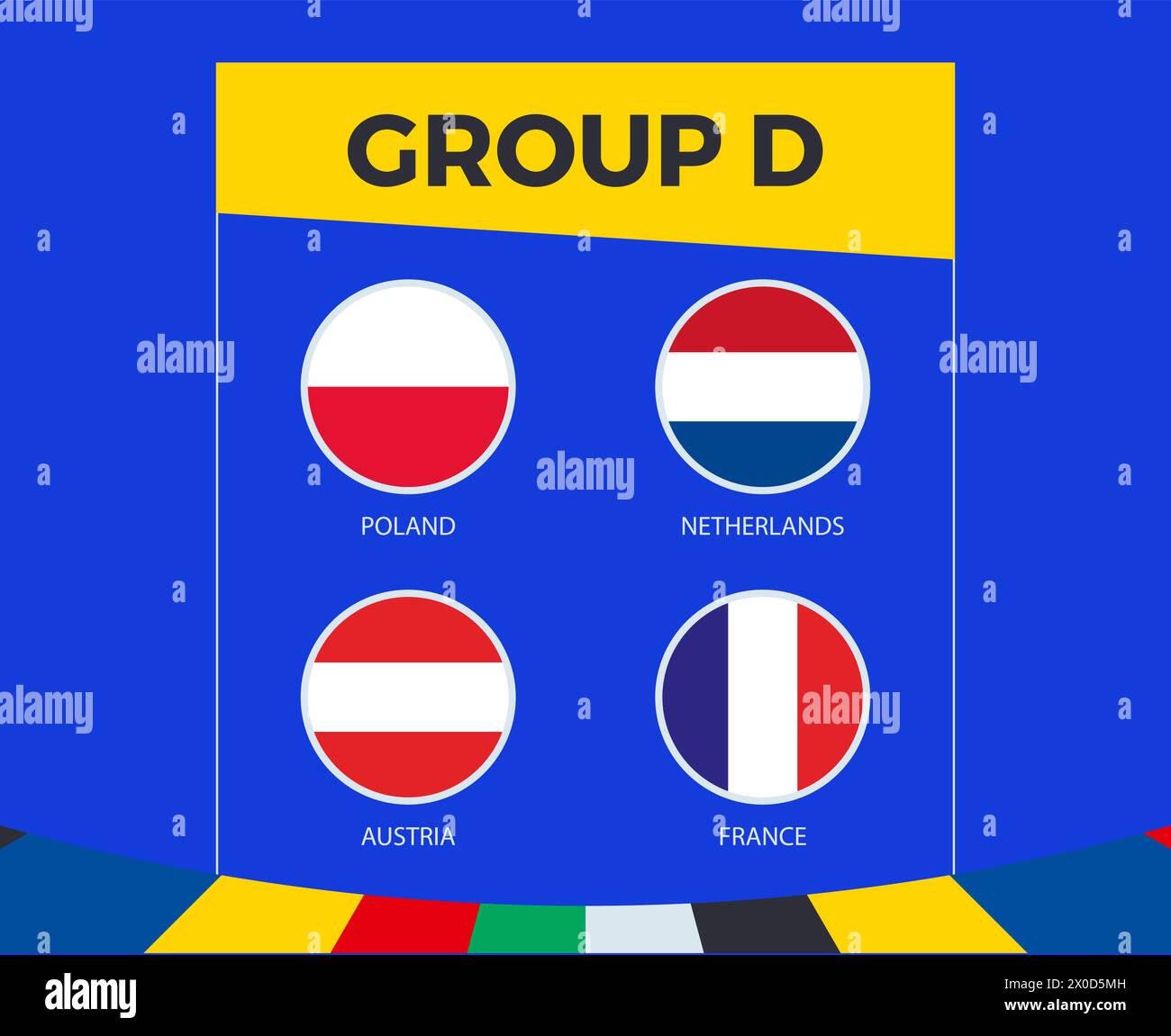 Partecipanti al gruppo D del concorso europeo di calcio 2024, sullo sfondo sportivo. Illustrazione Vettoriale