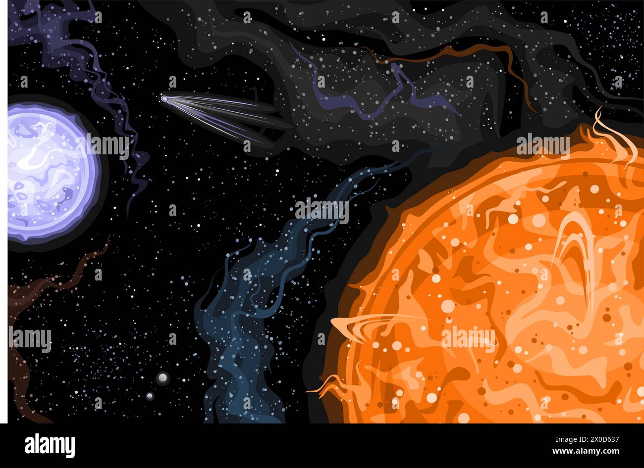 Vector Fantasy Space Card, poster astronomico orizzontale con illustrazione di futuristico sistema di stelle binarie e cometa volante nello spazio profondo, decorativ Illustrazione Vettoriale