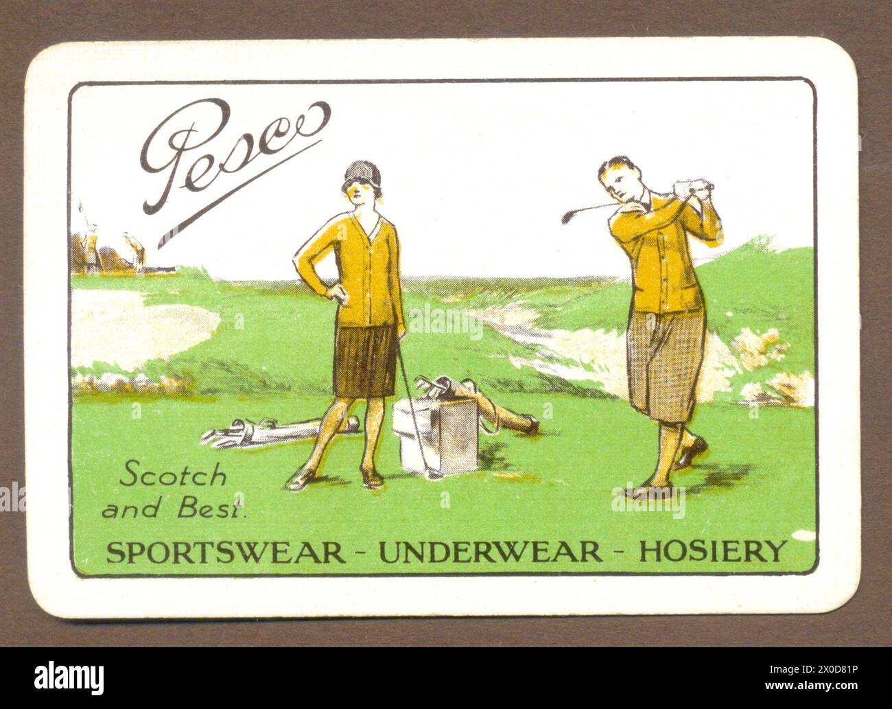 Retro di carte da gioco che pubblicizza abbigliamento sportivo Pesco, non dewear e calze intorno al 1928 Foto Stock