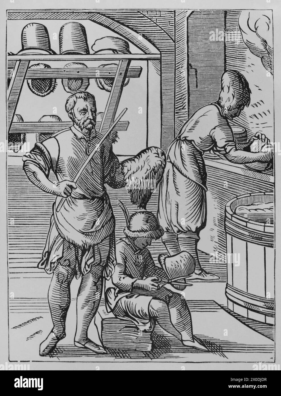 I mestieri. Cappellaio. Facsimile dopo un disegno e un'incisione di Jost Amman nel XVI secolo. "Moeurs, usages et costumes au moyen-âge et à l'époque de la Renaissance", di Paul Lacroix. Parigi, 1878. Foto Stock