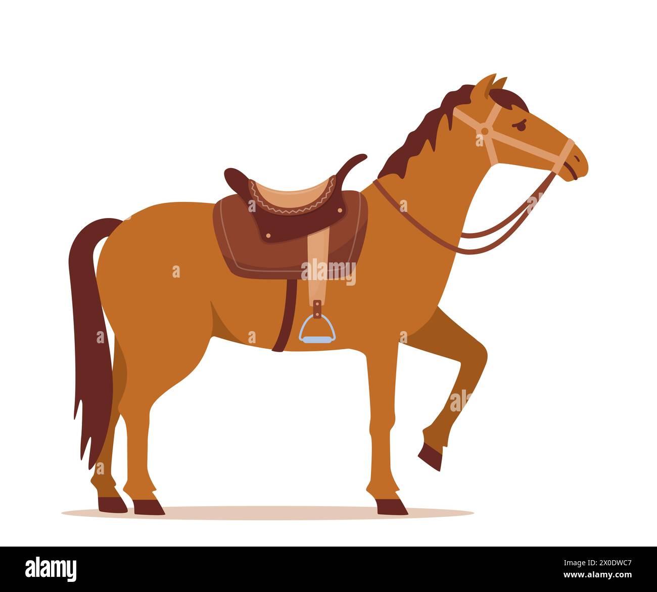 Cavallo della baia. Stallone vestito in modo da includere sella e punta a scatto. Bel cavallo marrone in piedi. Illustrazione vettoriale a colori in stile piatto Illustrazione Vettoriale