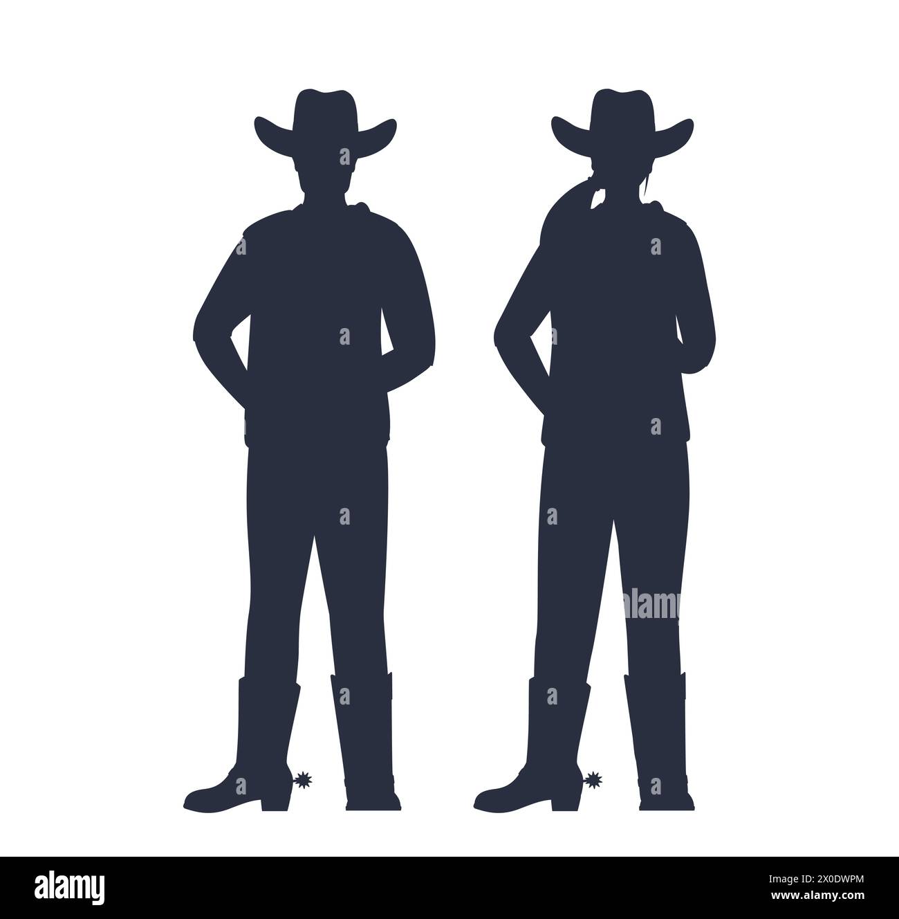 Cowboy uomo e donna con cappello in piedi, silhouette nera. Personaggi americani del selvaggio West. Illustrazione vettoriale piatta isolata su sfondo bianco Illustrazione Vettoriale