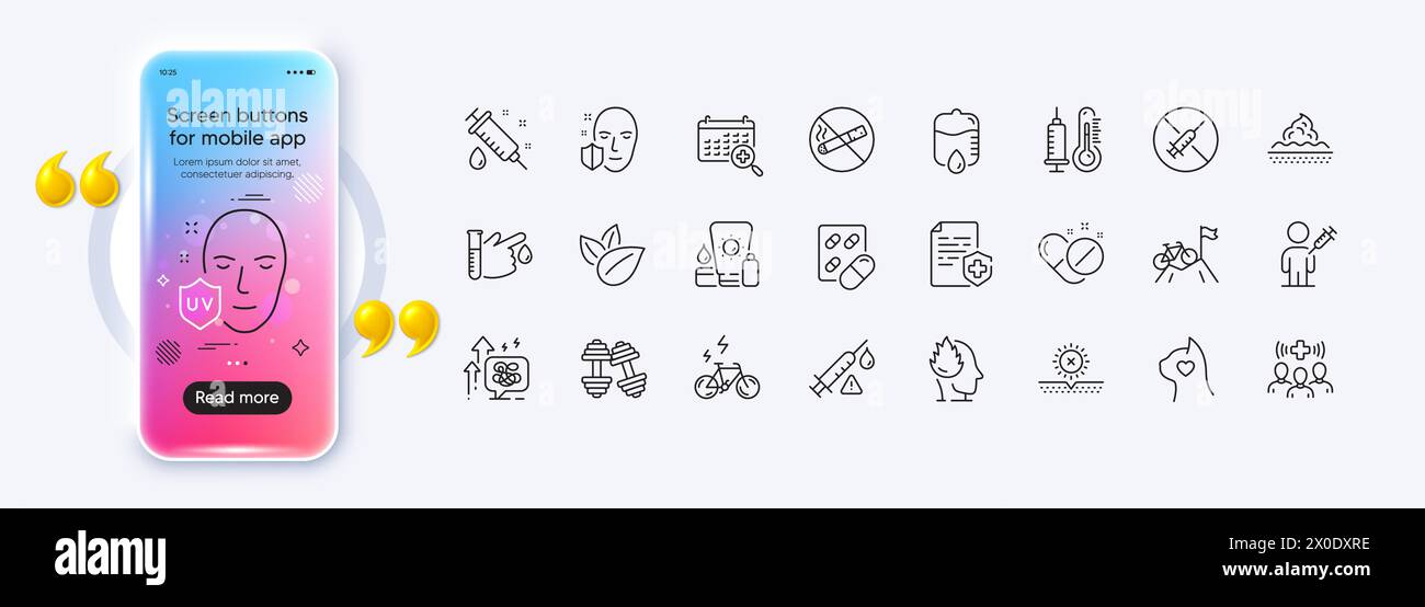Icone della linea e-bike, No Sun e No Smoking per l'app web. Icona pittogramma. Schermo gradiente mockup telefono. Vettore Illustrazione Vettoriale
