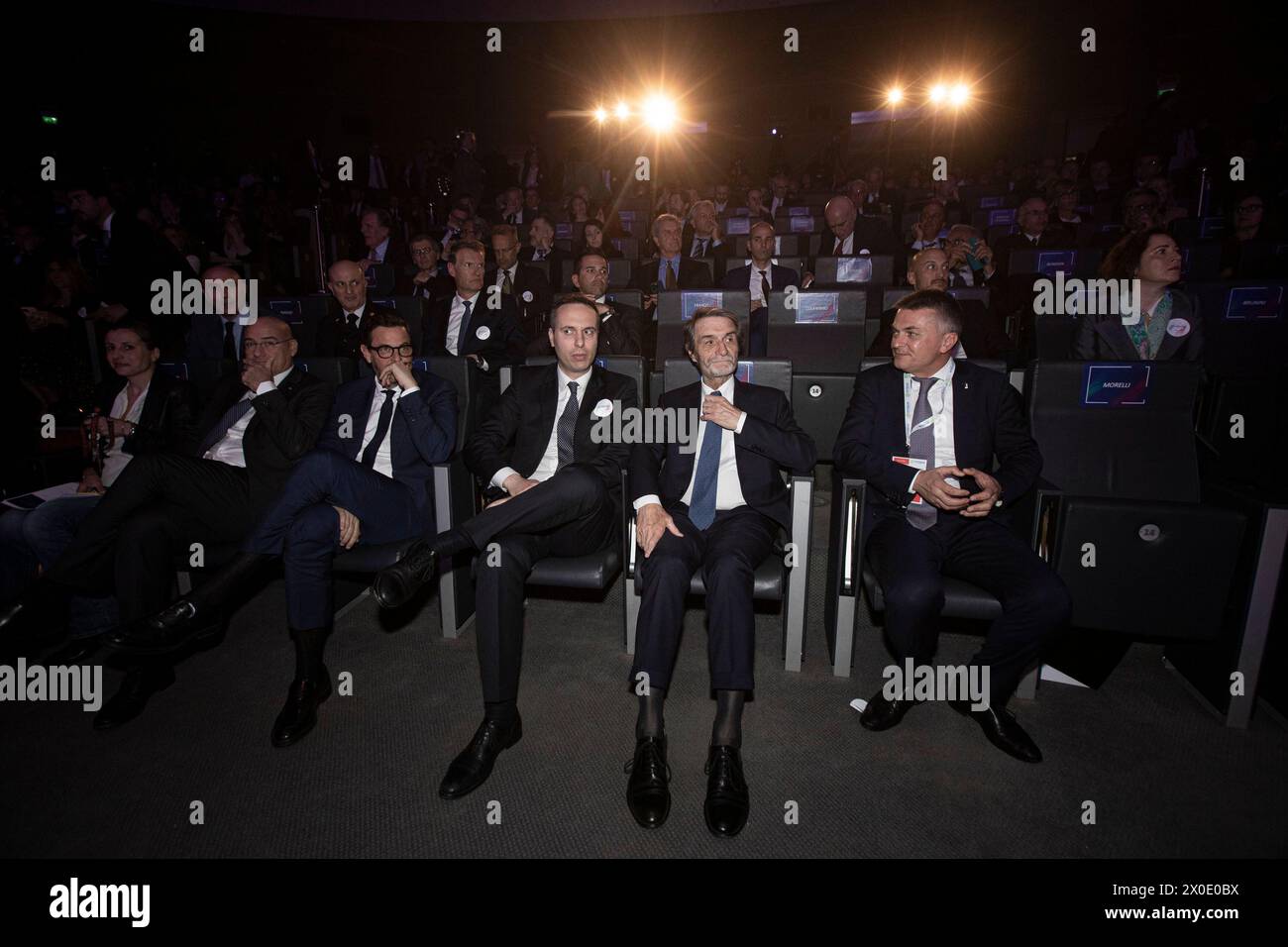 Milano, Italia. 11 aprile 2024. Da sinistra verso destra Attilio Fontana Presidente regione Lombardia Edoardo Rixi Vice Ministro alle infrastrutture e ai trasporti Milano, Italia - Cronaca Giovedì, 11 aprile 2024. (Foto di Marco Ottico/Lapresse) Conferenza G7 Lombardia Italia a Palazzo Milano, Italia - News giovedì 11 aprile 2024. (Foto di Marco otto/Lapresse) credito: LaPresse/Alamy Live News Foto Stock