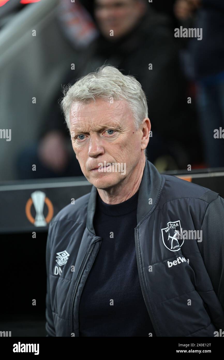 David Moyes, allenatore del West Ham United, prima dei quarti di finale di UEFA Europa League, partita di andata alla BayArena di Leverkusen, Germania. Data foto: Giovedì 11 aprile 2024. Foto Stock