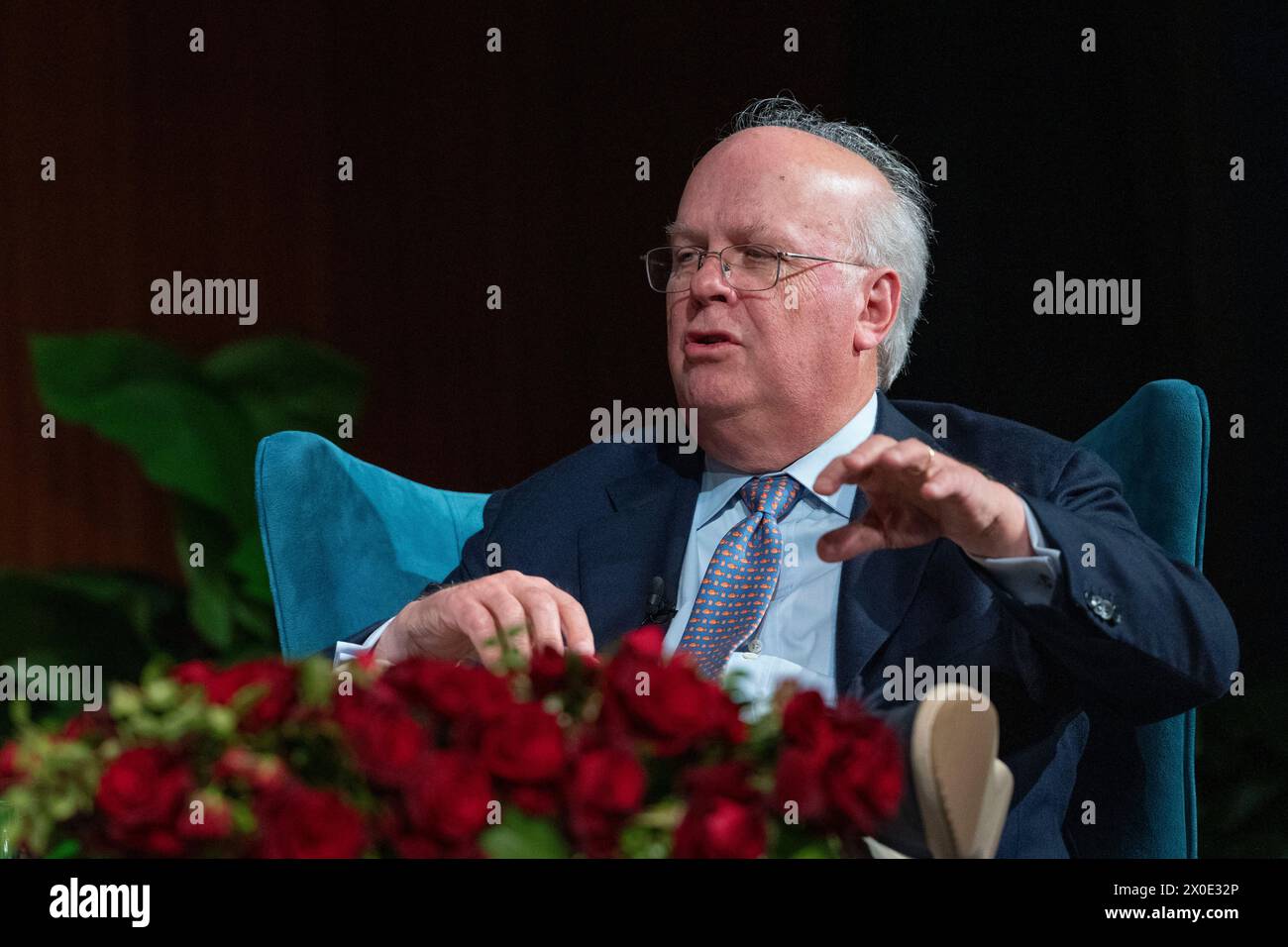 KARL ROVE, ex stratega repubblicano della Casa Bianca e membro dell'amministrazione Bush, parla di politica e giornalismo durante il forum Trust.News.Democracy alla LBJ Presidential Library di Austin il 10 aprile 2024. Rove è ora un autore, un esperto politico e un frequente commentatore di trasmissioni televisive. Crediti: Bob Daemmrich/Alamy Live News Foto Stock