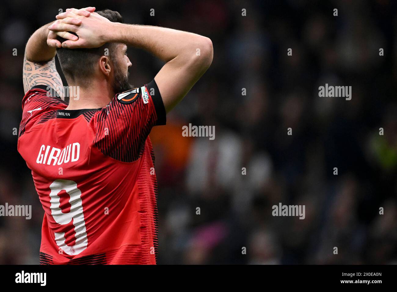 Milano, Italia. 11 aprile 2024. Olivier Giroud dell'AC Milan sembra sgretolato durante la partita di Europa League tra l'AC Milan e L'AS Roma allo stadio San Siro di Milano (Italia), 11 aprile 2024. Crediti: Insidefoto di andrea staccioli/Alamy Live News Foto Stock