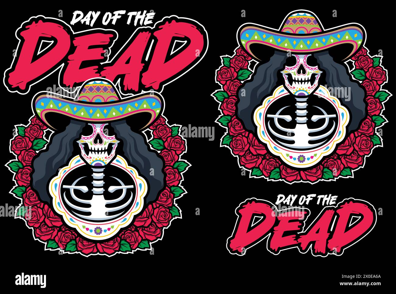 Illustrazione in stile mascotte di uno scheletro con un sombrero circondato da rose per le festività Day of the Dead. Illustrazione Vettoriale