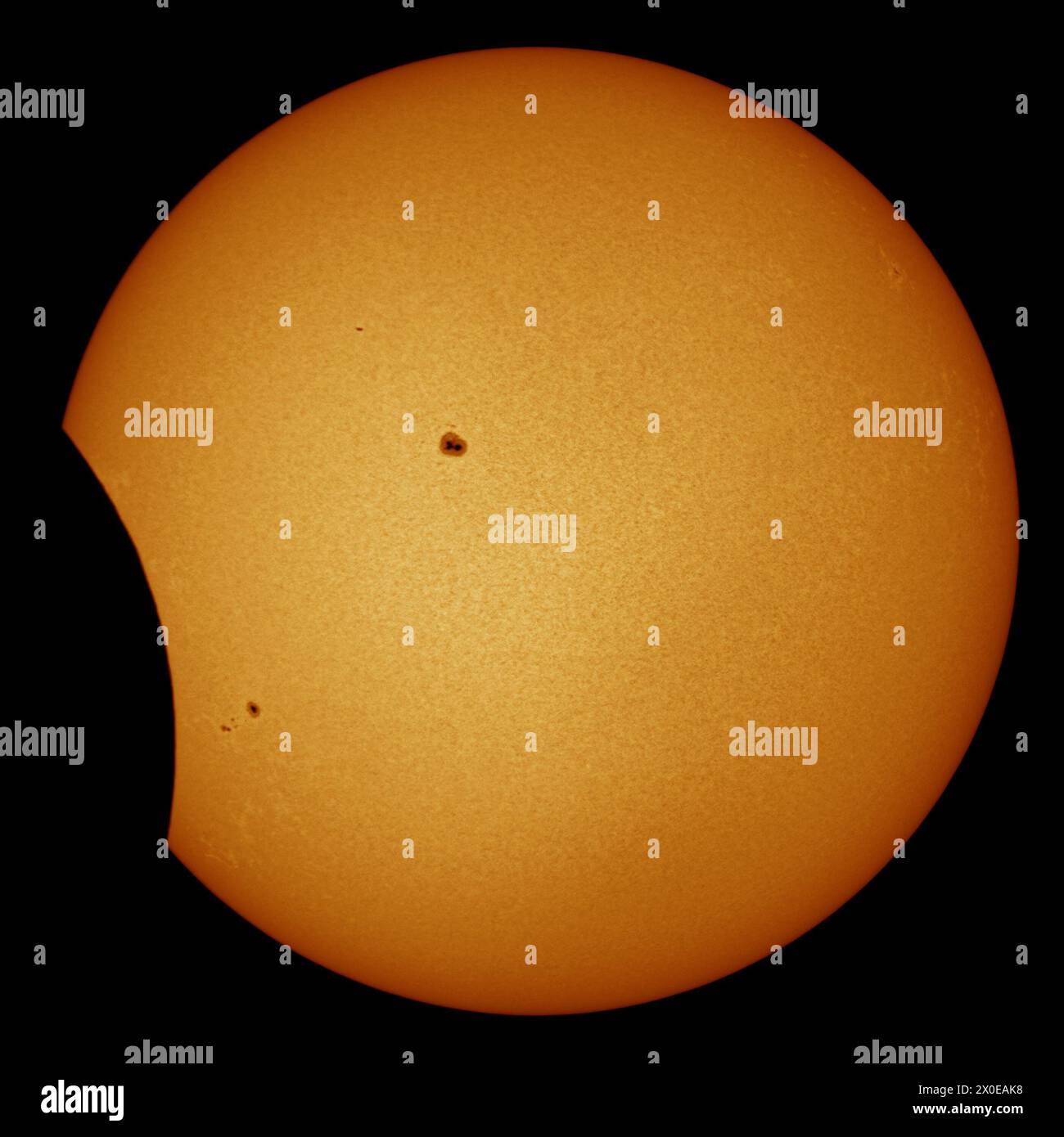 2024 fase parziale di Eclipse solare in luce bianca con dettagli elevati della fotosfera e degli spot solari Foto Stock