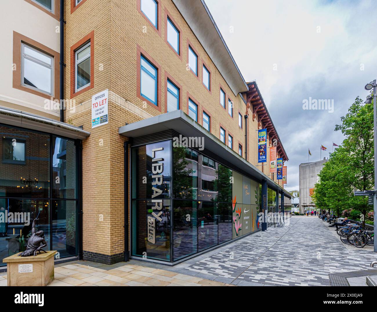 La moderna biblioteca pubblica con facciata in vetro nel centro della città di Woking, una città nel Surrey, in Inghilterra Foto Stock