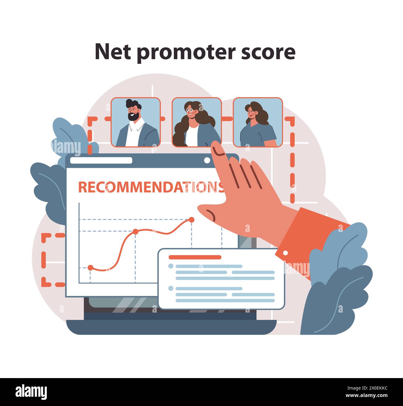 NET Promoter Score Concept. Analizzare le recensioni dei clienti su un notebook, misurare le prestazioni aziendali e la soddisfazione dei clienti con una curva di crescita visualizzata. Importanza del feedback. Illustrazione vettoriale piatta. Illustrazione Vettoriale