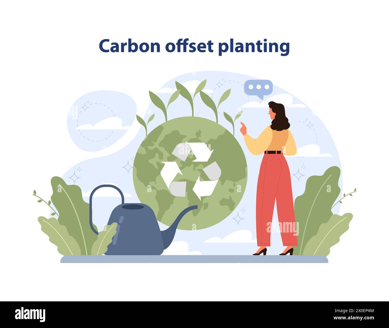 Concetto di piantagione Carbon Offset. La donna nutre la Terra con il simbolo del riciclaggio, circondato da piante. Ruolo attivo nella riduzione dell'impronta di carbonio. Illustrazione vettoriale piatta Illustrazione Vettoriale