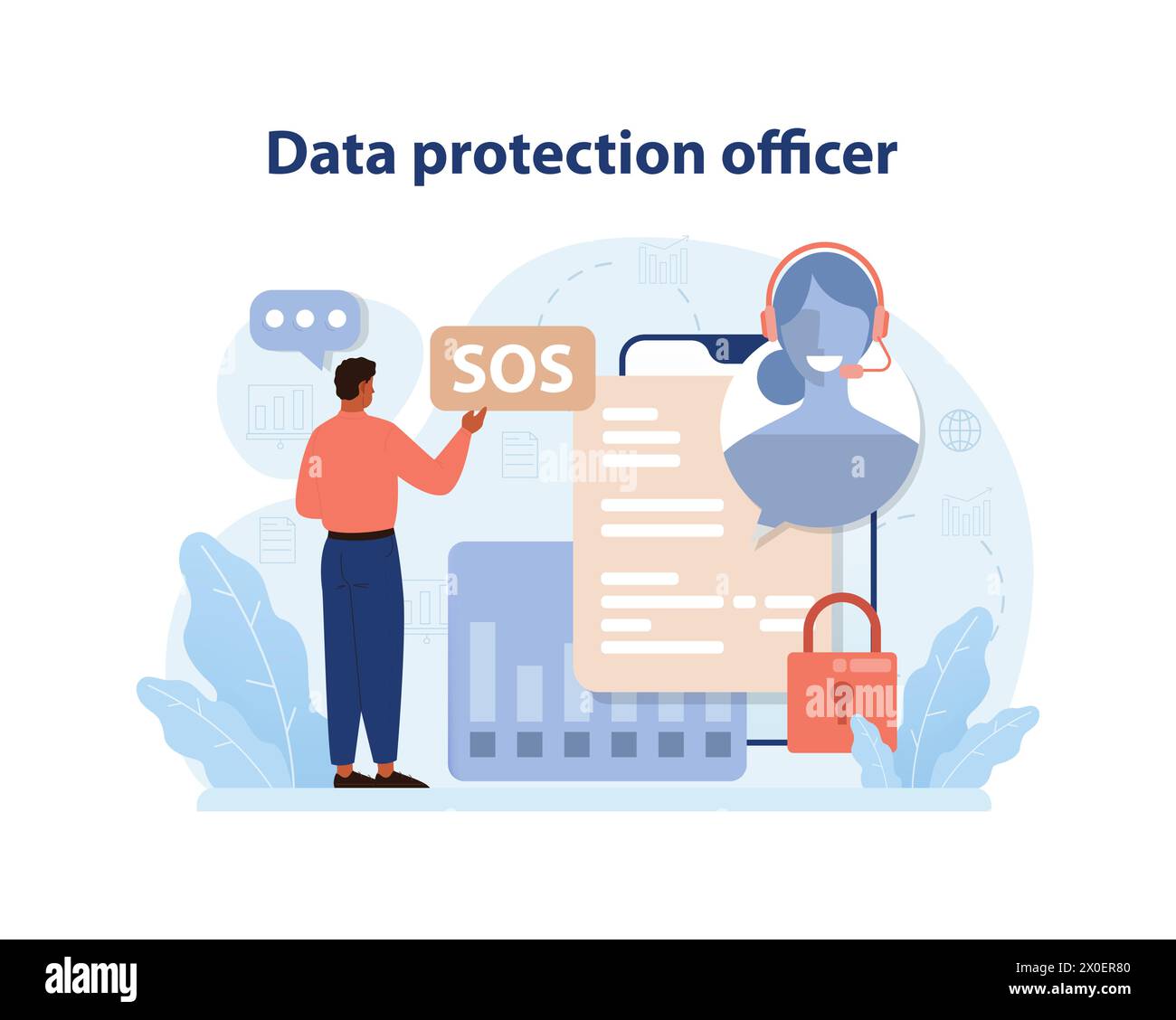 Concetto di responsabile della protezione dei dati. Un uomo vigile segnala un SOS mentre un rappresentante dedicato con le cuffie ti aspetta, garantendo sicurezza informatica in mezzo alla città. Il lucchetto rosso indica una sicurezza rigorosa. Illustrazione Vettoriale