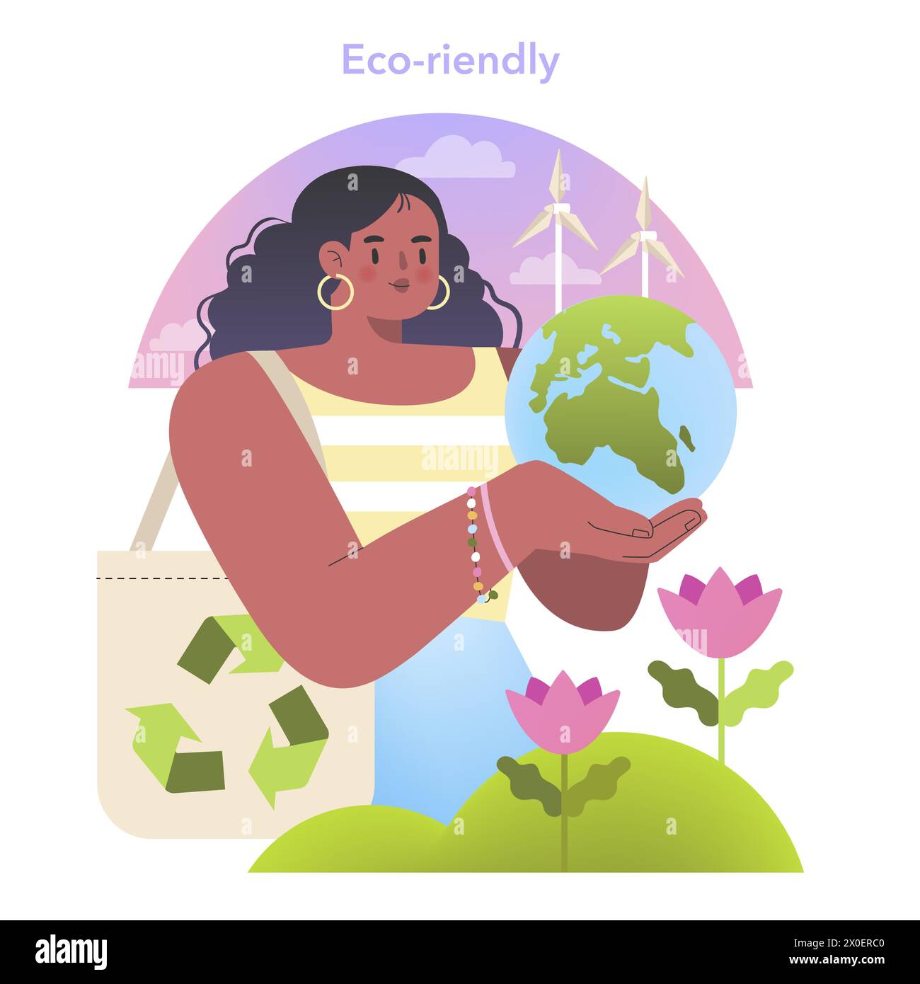 Concetto di stile di vita ecologico. Un individuo consapevole che tiene la Terra, che sostiene una vita sostenibile e l'energia rinnovabile. Illustrazione vettoriale Illustrazione Vettoriale