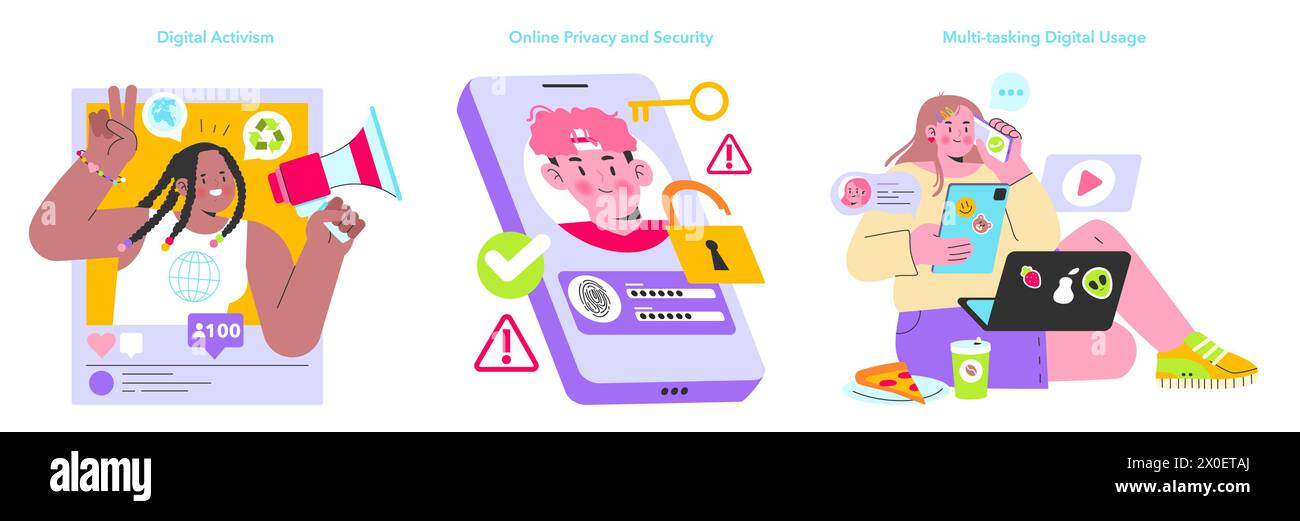 Set di nativi digitali. Impegnarsi nell'attivismo online, mantenere la privacy e la sicurezza e destreggiarsi in molteplici attività digitali. Illustrazione vettoriale. Illustrazione Vettoriale