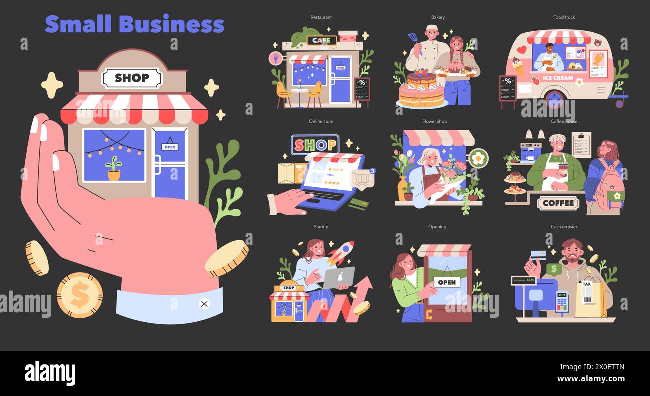 Small Business Diversity offre uno sguardo vivace all'economia locale, raffigurando negozi, caffetterie, iniziative online e spirito imprenditoriale del cibo di strada in un mercato moderno illustrazione vettoriale Illustrazione Vettoriale