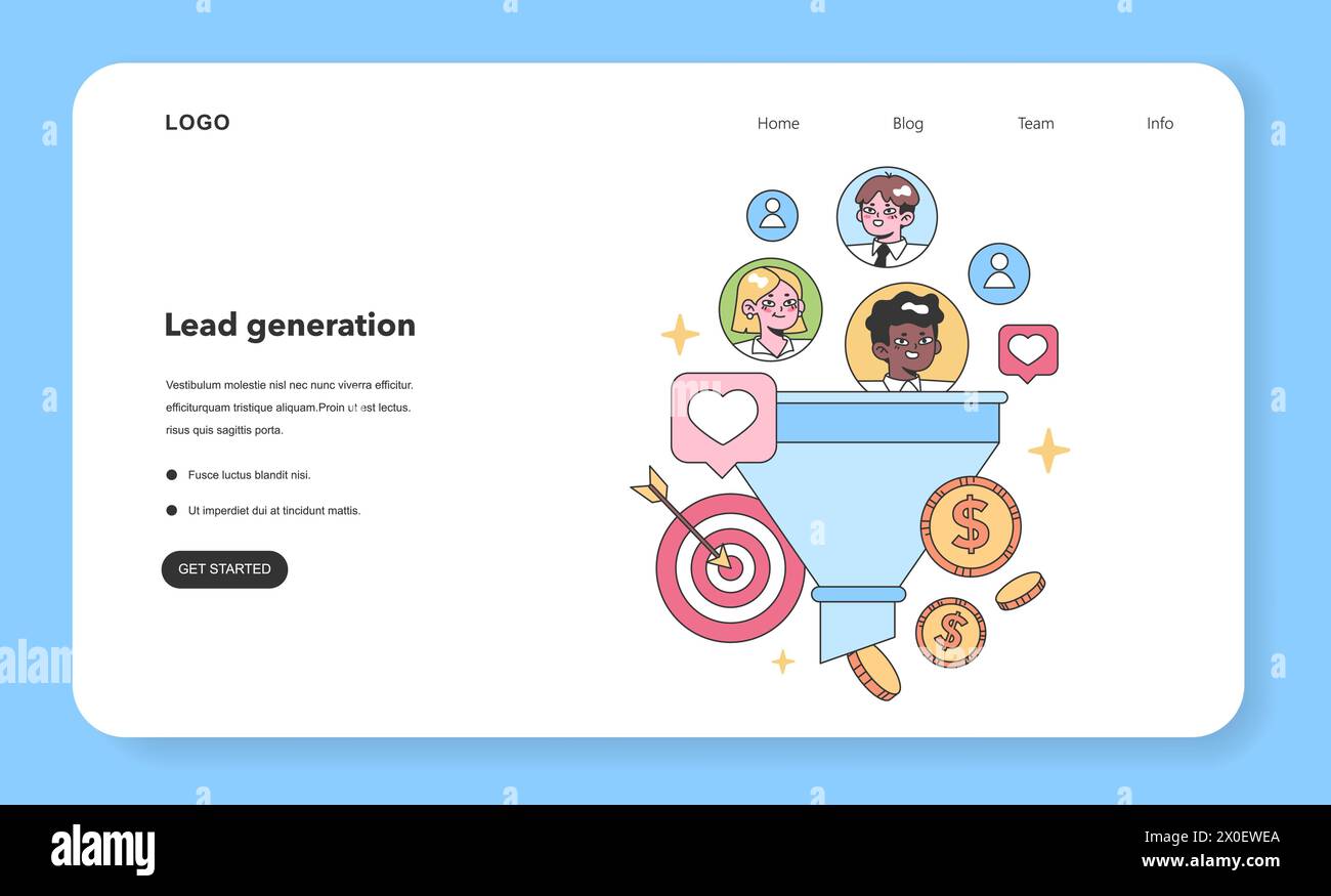 Set per generazione di lead. Gli esperti di marketing digitale ottimizzano le strategie online. Conversione dell'imbuto, landing page, nurturing e strumenti CRM. Interazione con i clienti. Illustrazione vettoriale piatta Illustrazione Vettoriale
