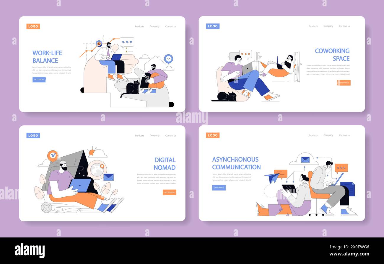 Lavoro in remoto incapsulato. Navigazione tra lavoro e vita privata, spazi di coworking, stile di vita nomade digitale e comunicazione asincrona. Un nuovo paradigma della cultura del lavoro. Illustrazione vettoriale. Illustrazione Vettoriale