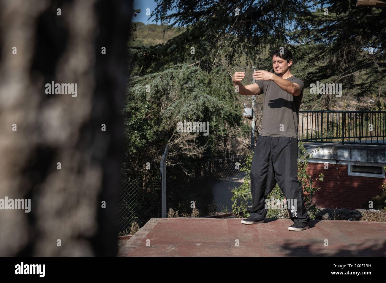 Vista distante di un uomo concentrato che pratica chi Kung con gli occhi chiusi nella postura abbracciante l'albero. Foto Stock