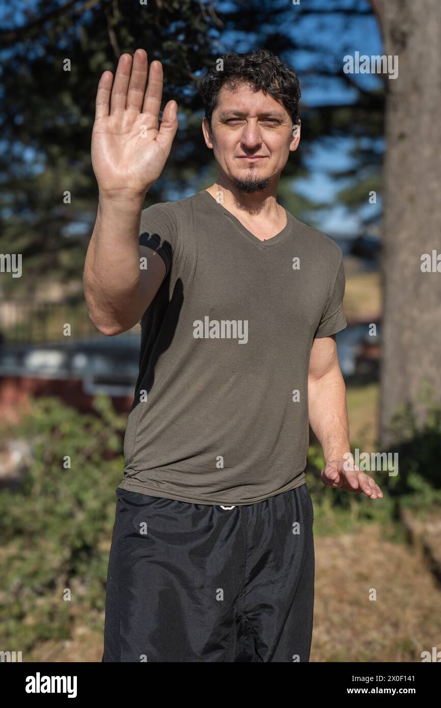 Al crepuscolo, un uomo si immerge nella pratica di chi Kung, con i piedi saldamente piantati a terra, la sua postura riflette equilibrio e armonia. Foto Stock