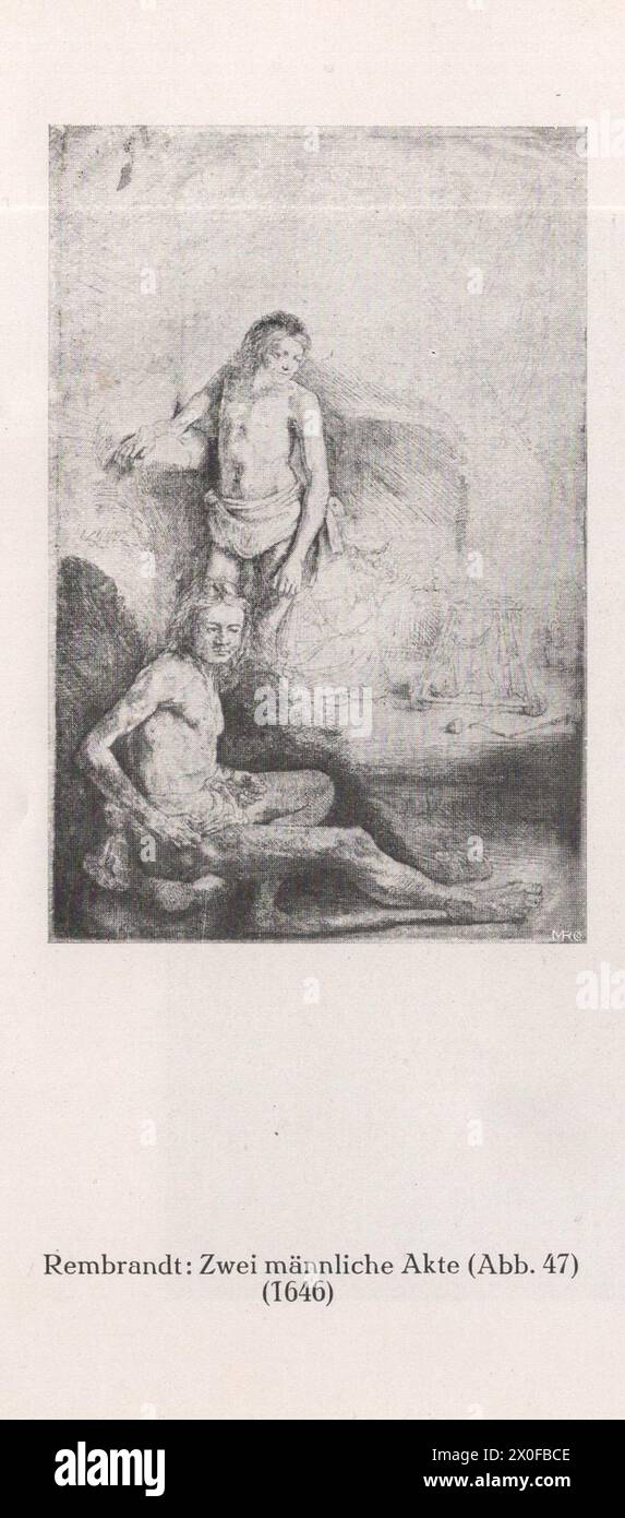 Un catalogo d'arte tedesco principalmente Ferdinand Hodler e Paul Cézanne e alcuni altri artisti come Oscar Kokoschka, Rubens, Rembrandt... ecc. del famoso artista e professore di storia dell'arte presso le università di Heidelberg, Strasburgo e Monaco Fritz Burger. Rembrandt : Zwei mannliche Akte ( ABB. 47) (1646) / Rembrandt : due nudi maschili 1646 / disegni nudi di Rembrandt Foto Stock