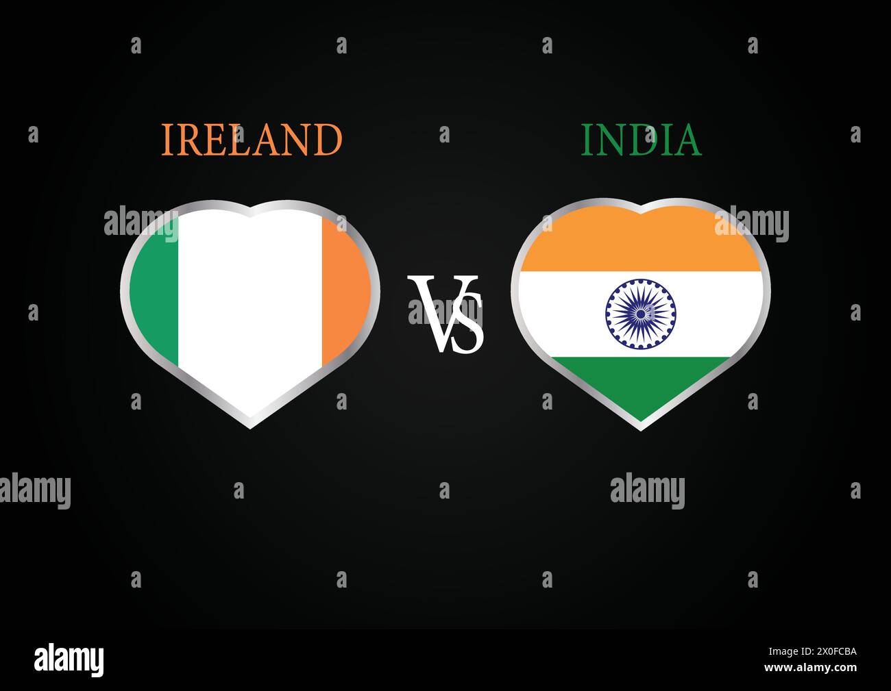 Irlanda vs India, concetto di Cricket Match con illustrazione creativa dei paesi partecipanti bandiera battitore e cuori isolati su sfondo nero Illustrazione Vettoriale