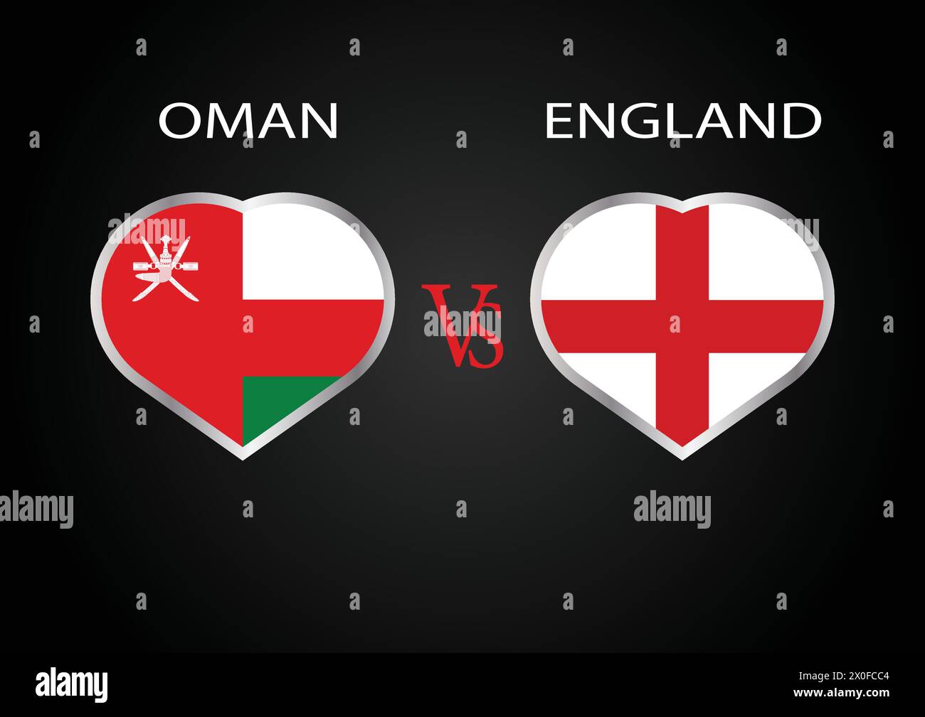 Oman vs England, concetto di Cricket Match con illustrazione creativa dei paesi partecipanti bandiera battitore e cuori isolati su sfondo nero Illustrazione Vettoriale
