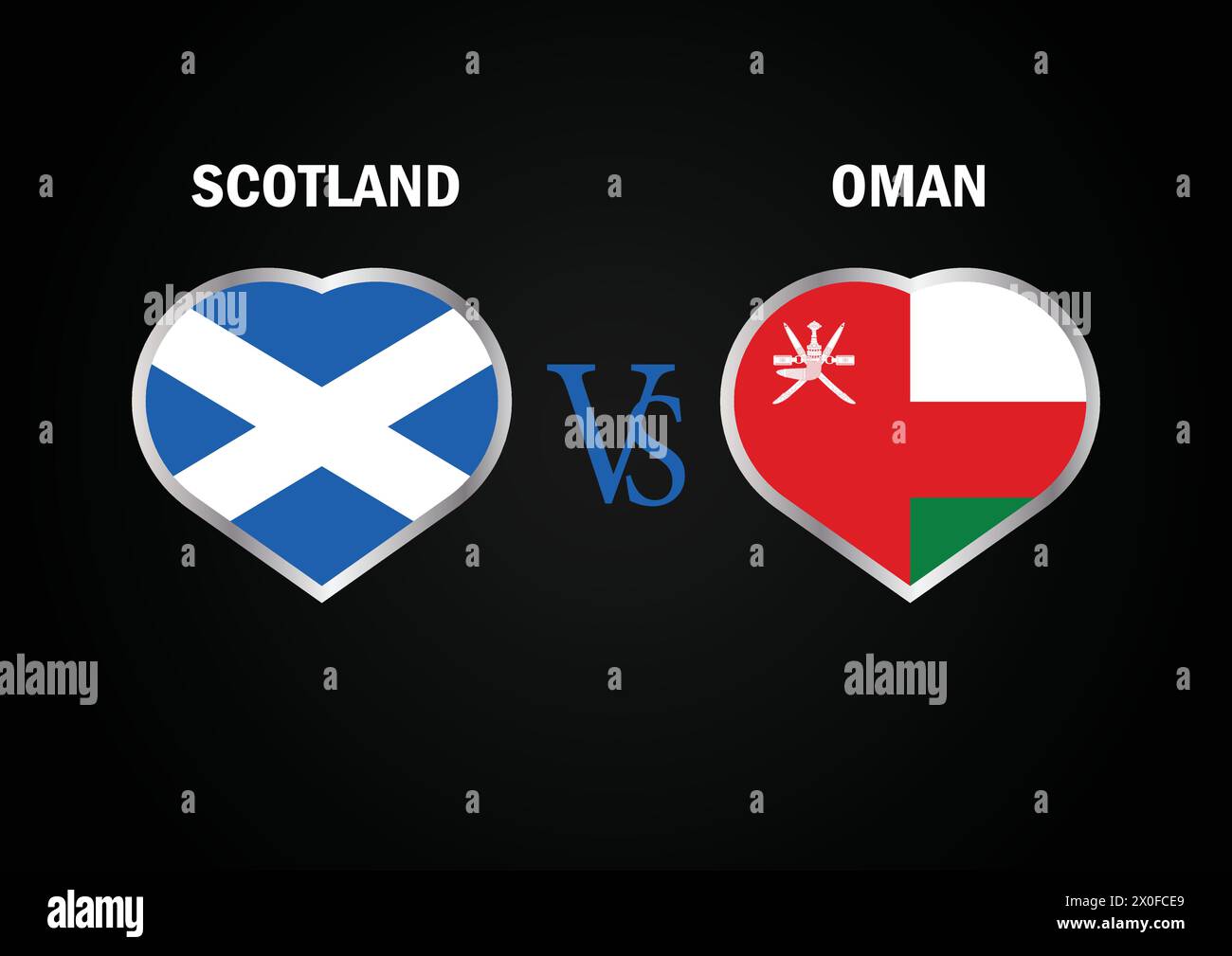 Scozia vs Oman, concetto di Cricket Match con illustrazione creativa dei paesi partecipanti bandiera battitore e cuori isolati su sfondo nero Illustrazione Vettoriale