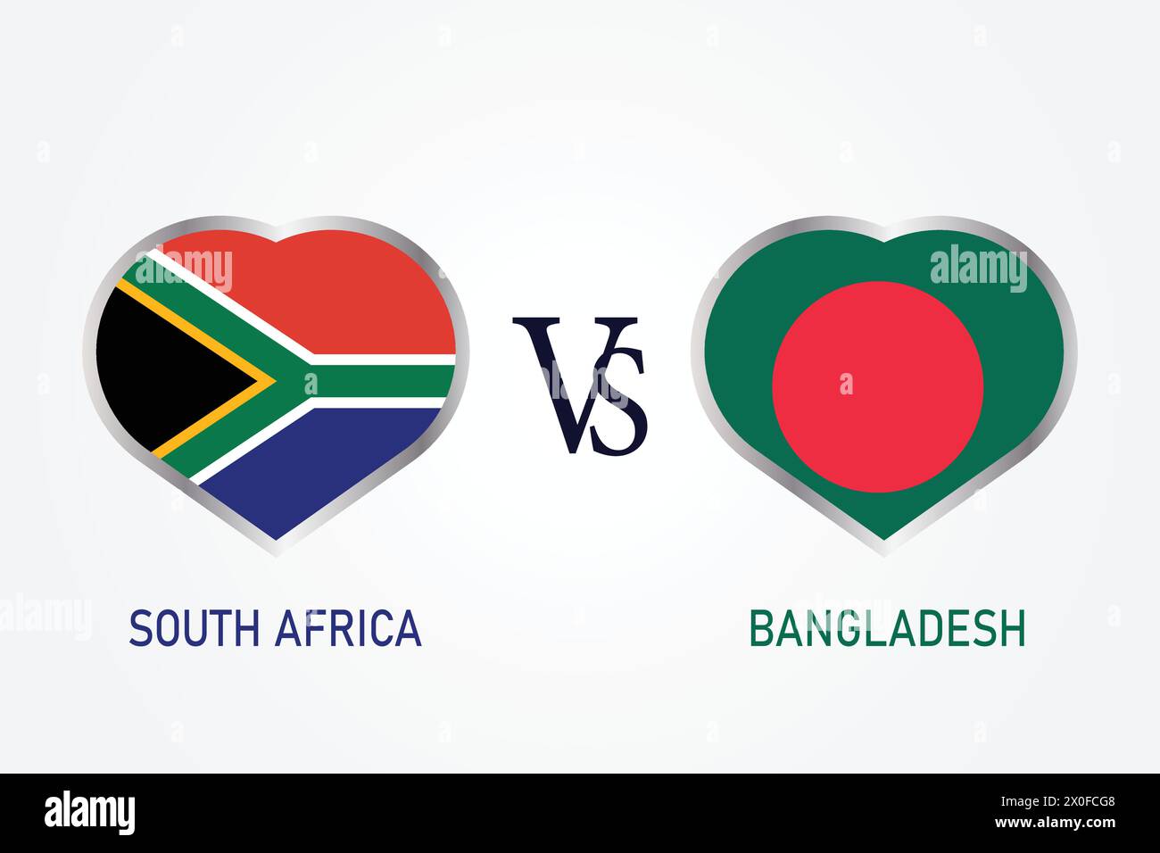 Sud Africa vs Bangladesh, concetto di Cricket Match con illustrazione creativa dei paesi partecipanti bandiera battitore e cuori isolati su bianco Illustrazione Vettoriale