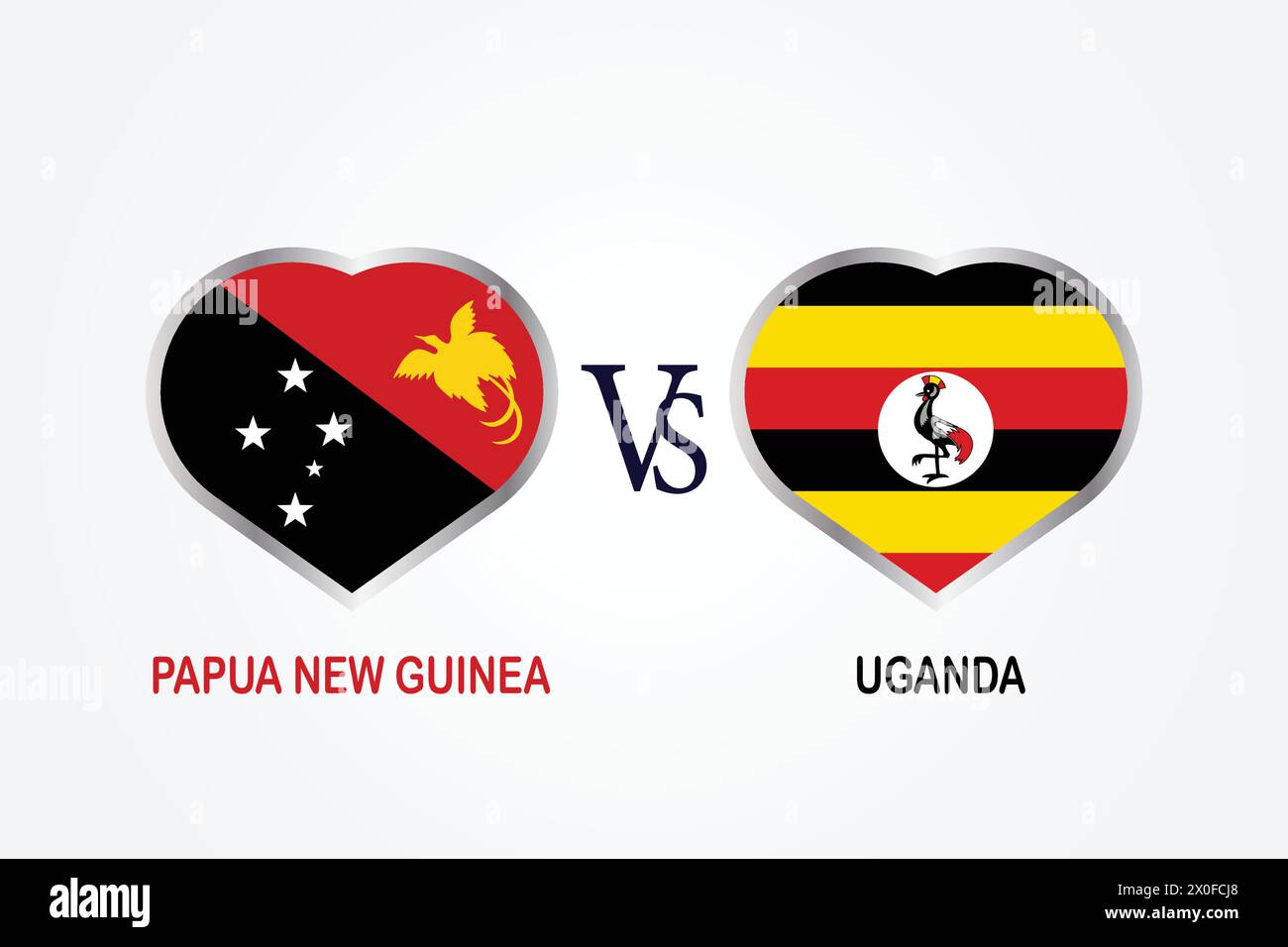 Papua nuova Guinea vs Uganda, concetto di Cricket Match con illustrazione creativa dei paesi partecipanti bandiera battitore e cuori isolati su bianco Illustrazione Vettoriale