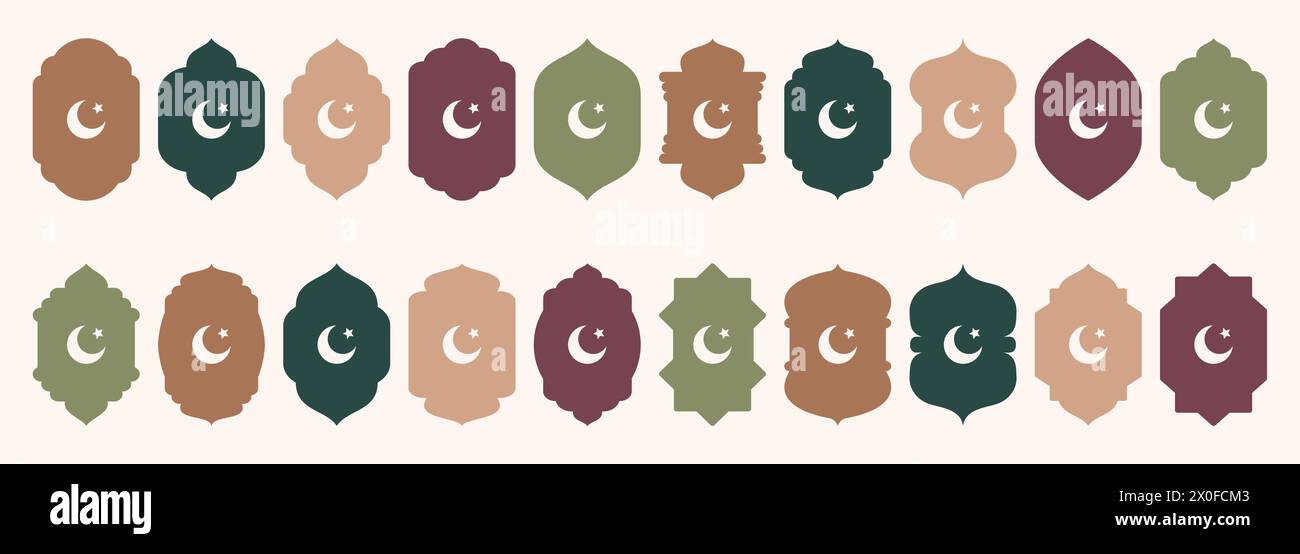 Forma finestra islamica simbolo Hilal silhouette arco arabo con stella e luna crescente. Cornici in stile orientale dal design arabo-musulmano Illustrazione Vettoriale