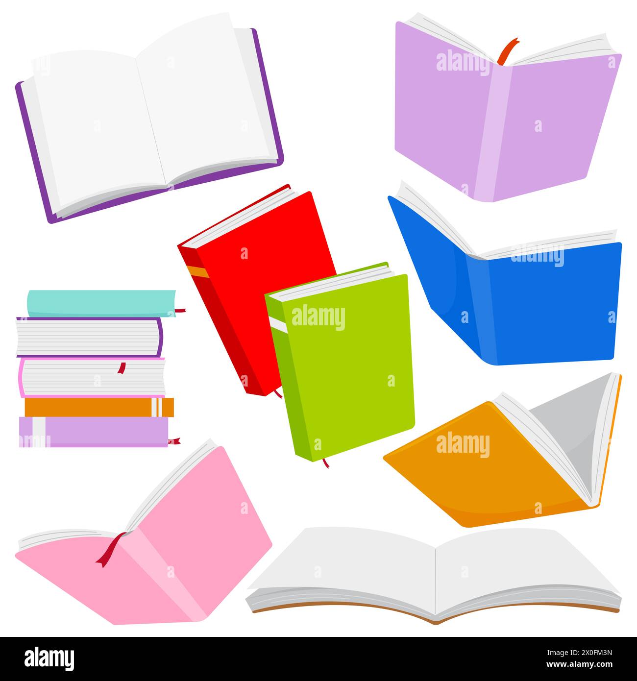 Serie di libri vari. Pile di libri e quaderni per la lettura, pile di libri di testo per l'istruzione. Foto Stock