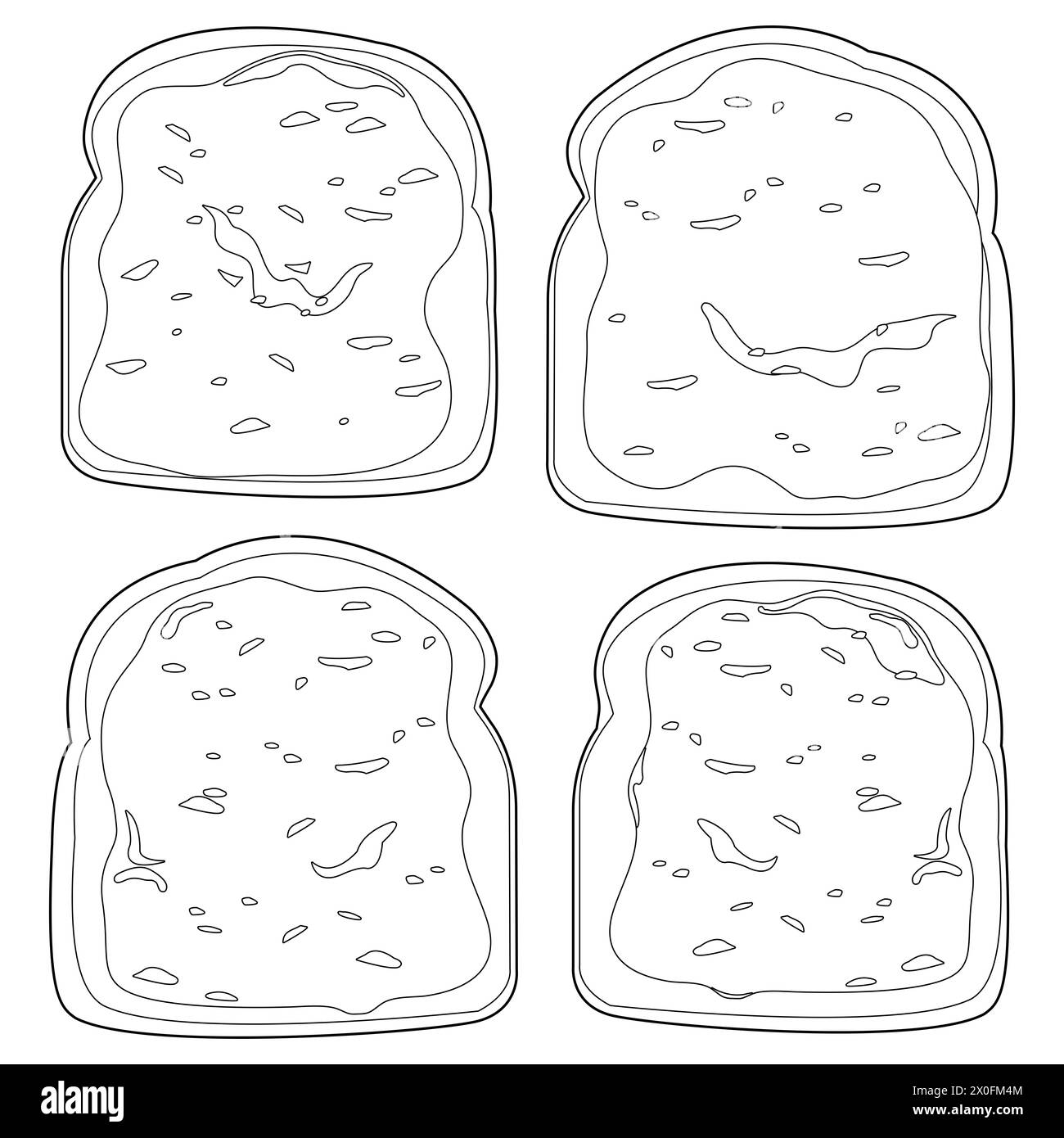 Fette di pane con marmellata di frutta. Tosta con gelatina. Spuntino a colazione. Pagina da colorare in bianco e nero Foto Stock