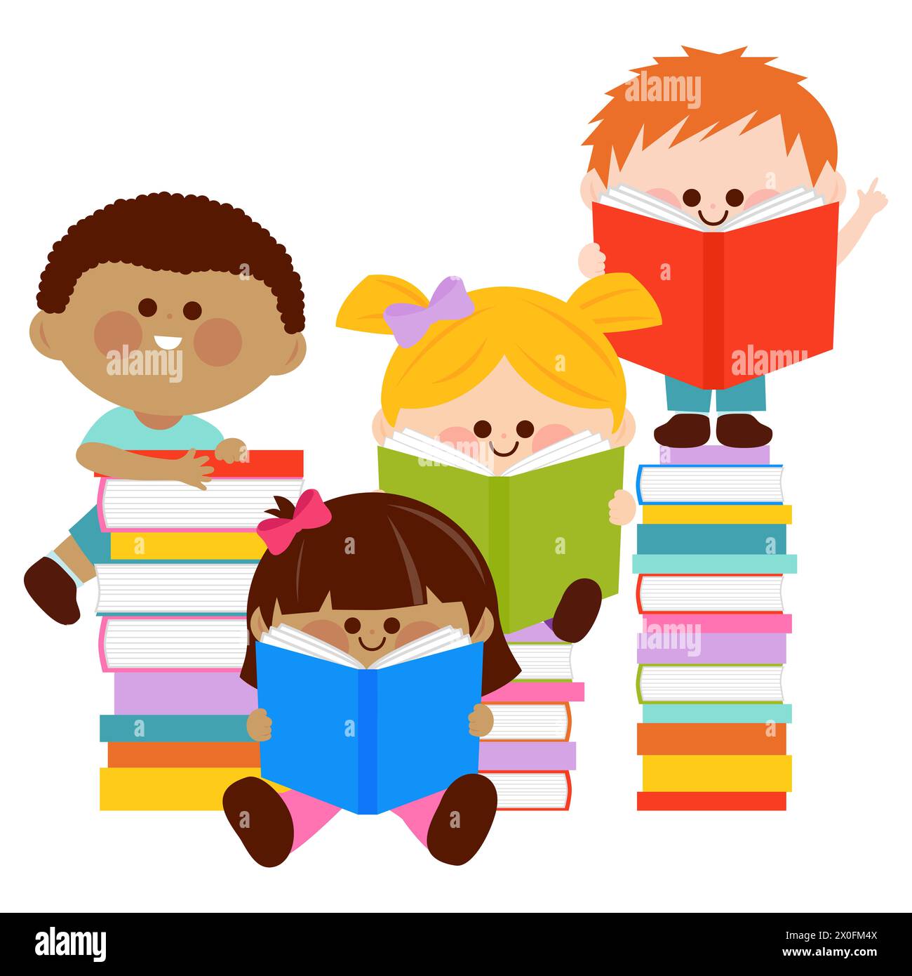 Bambini che leggono libri. I ragazzi studenteschi studiano in biblioteca su una pila di libri. Foto Stock